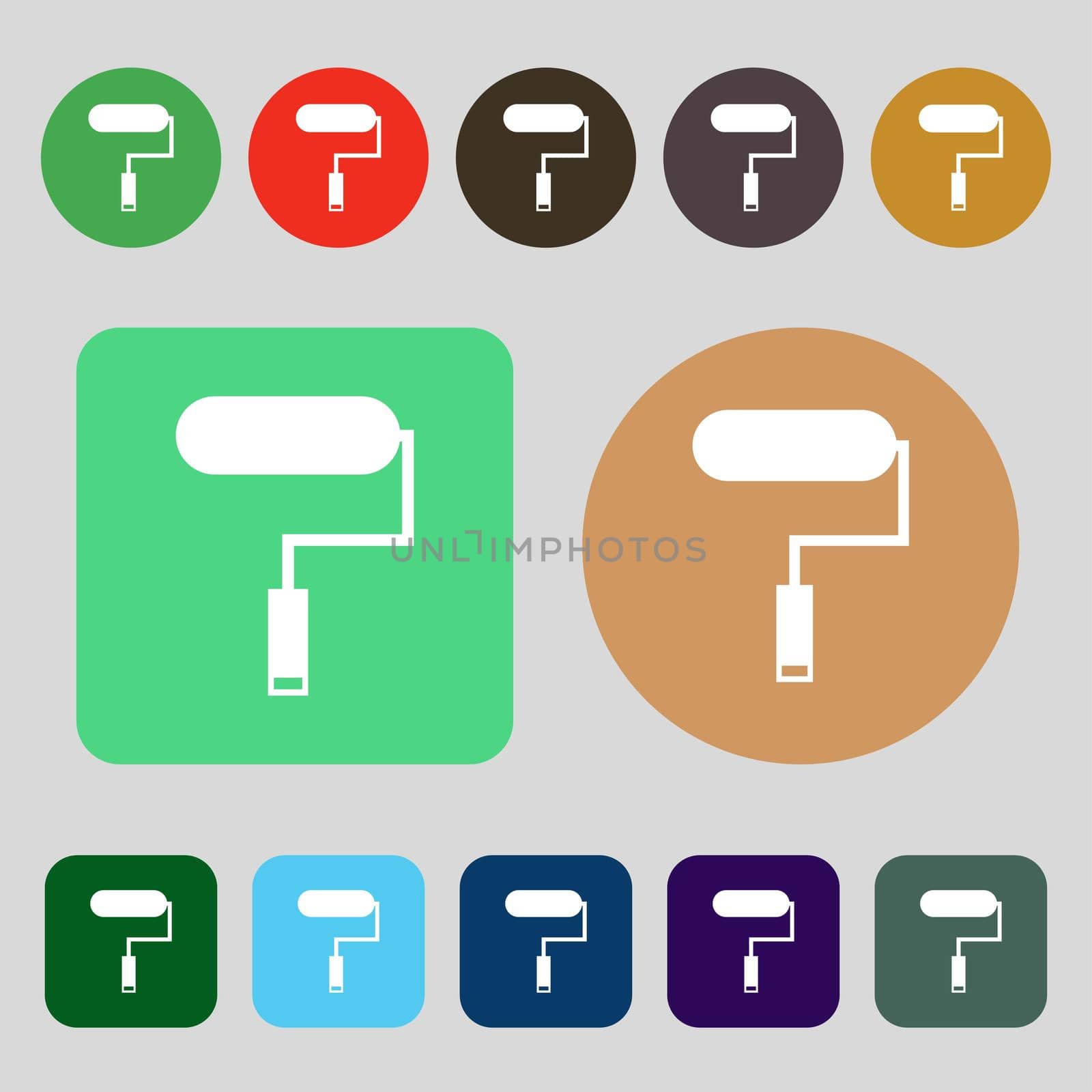 Paint roller sign icon. Painting tool symbol.12 colored buttons. Flat design. illustration