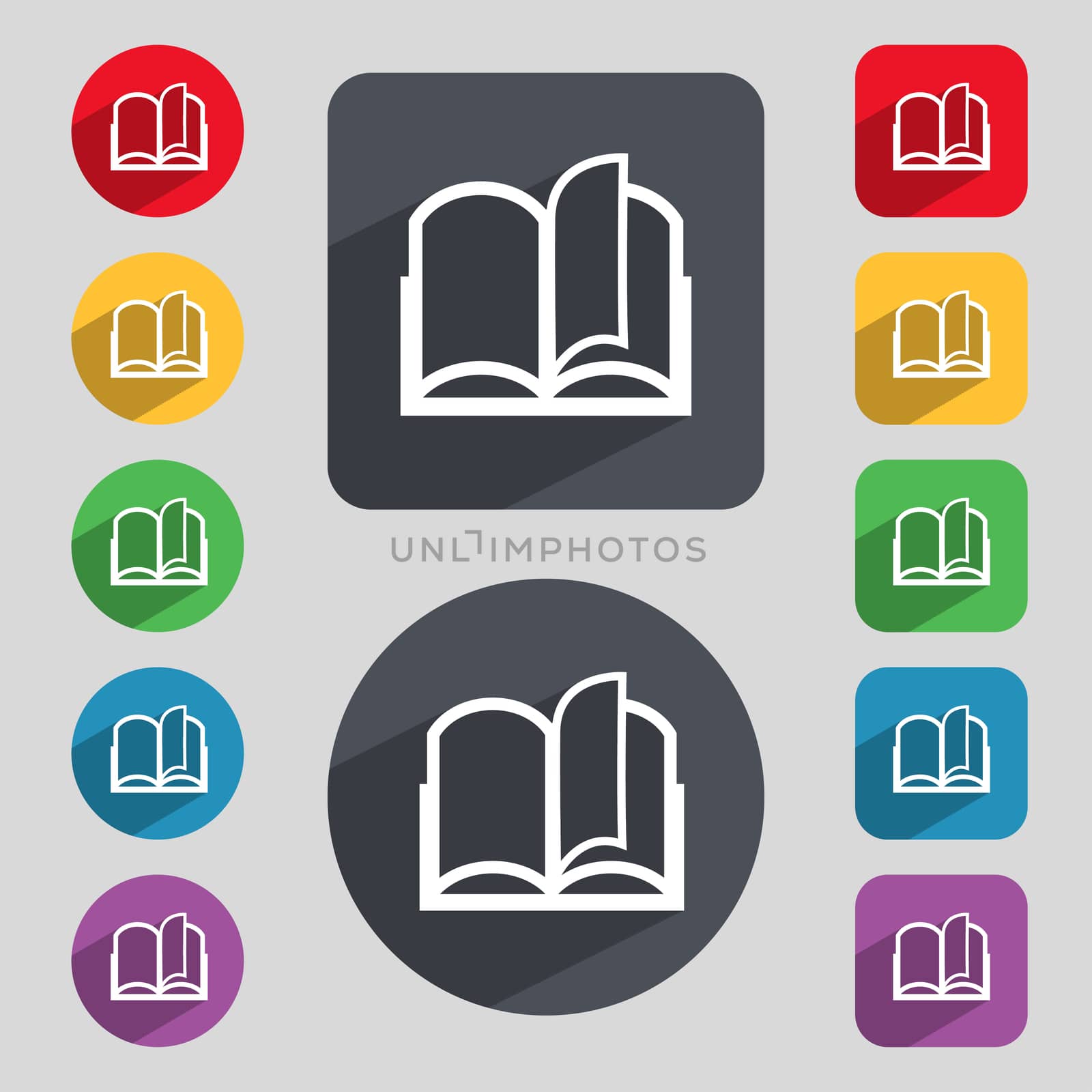 Book sign icon. Open book symbol. Set of colored buttons.  by serhii_lohvyniuk