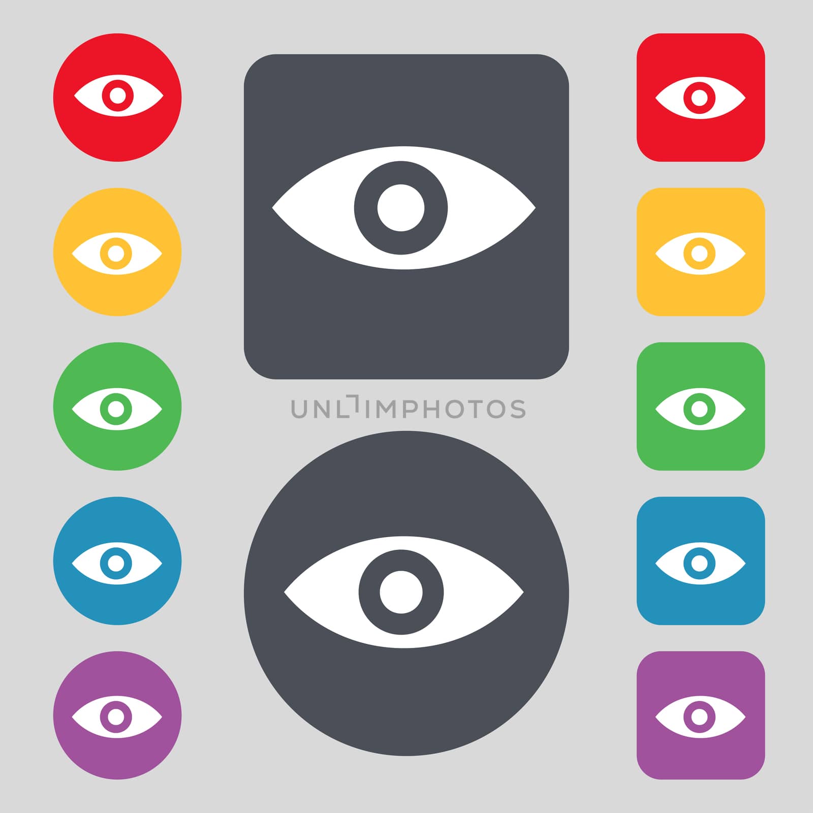 Eye, Publish content, sixth sense, intuition icon sign. A set of 12 colored buttons. Flat design. illustration