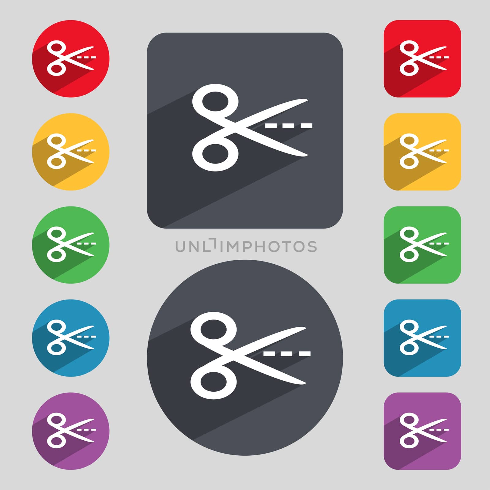 Scissors with cut dash dotted line sign icon. Tailor symbol. Set of colored buttons. illustration