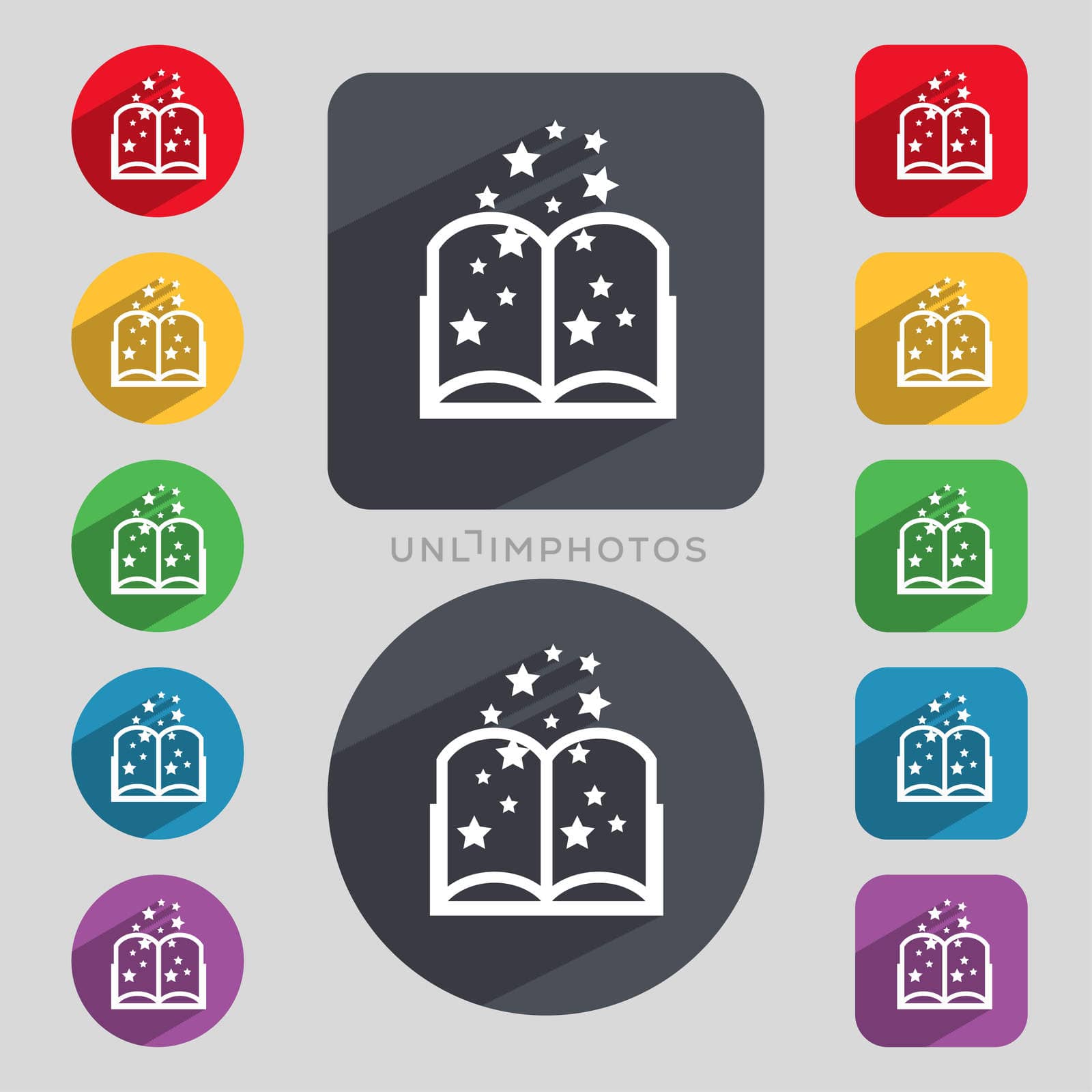 Magic Book sign icon. Open book symbol. Set of colored buttons.  by serhii_lohvyniuk