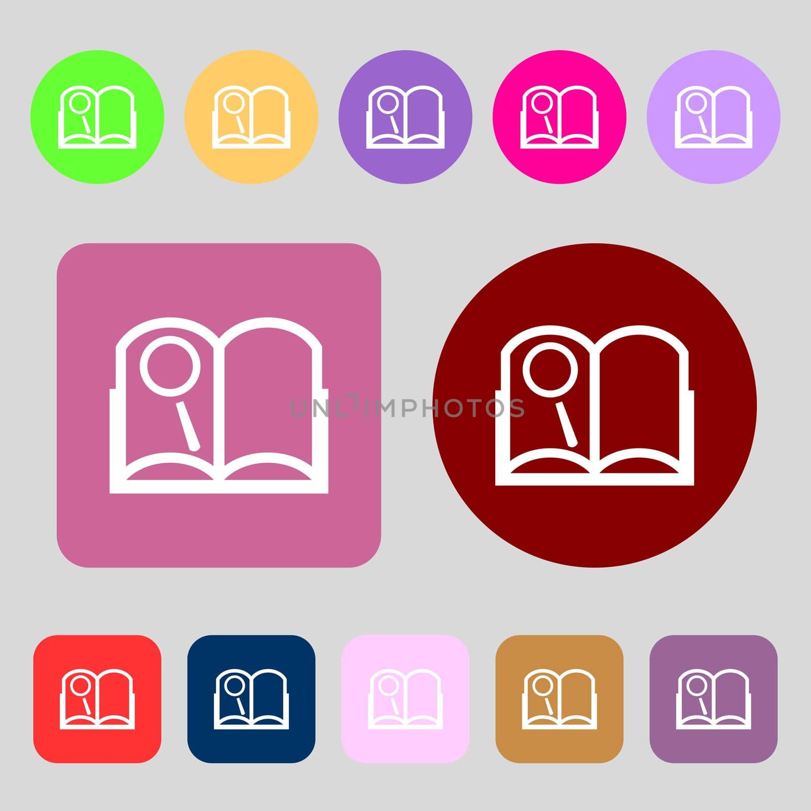 Book sign icon. Open book symbol. 12 colored buttons. Flat design.  by serhii_lohvyniuk