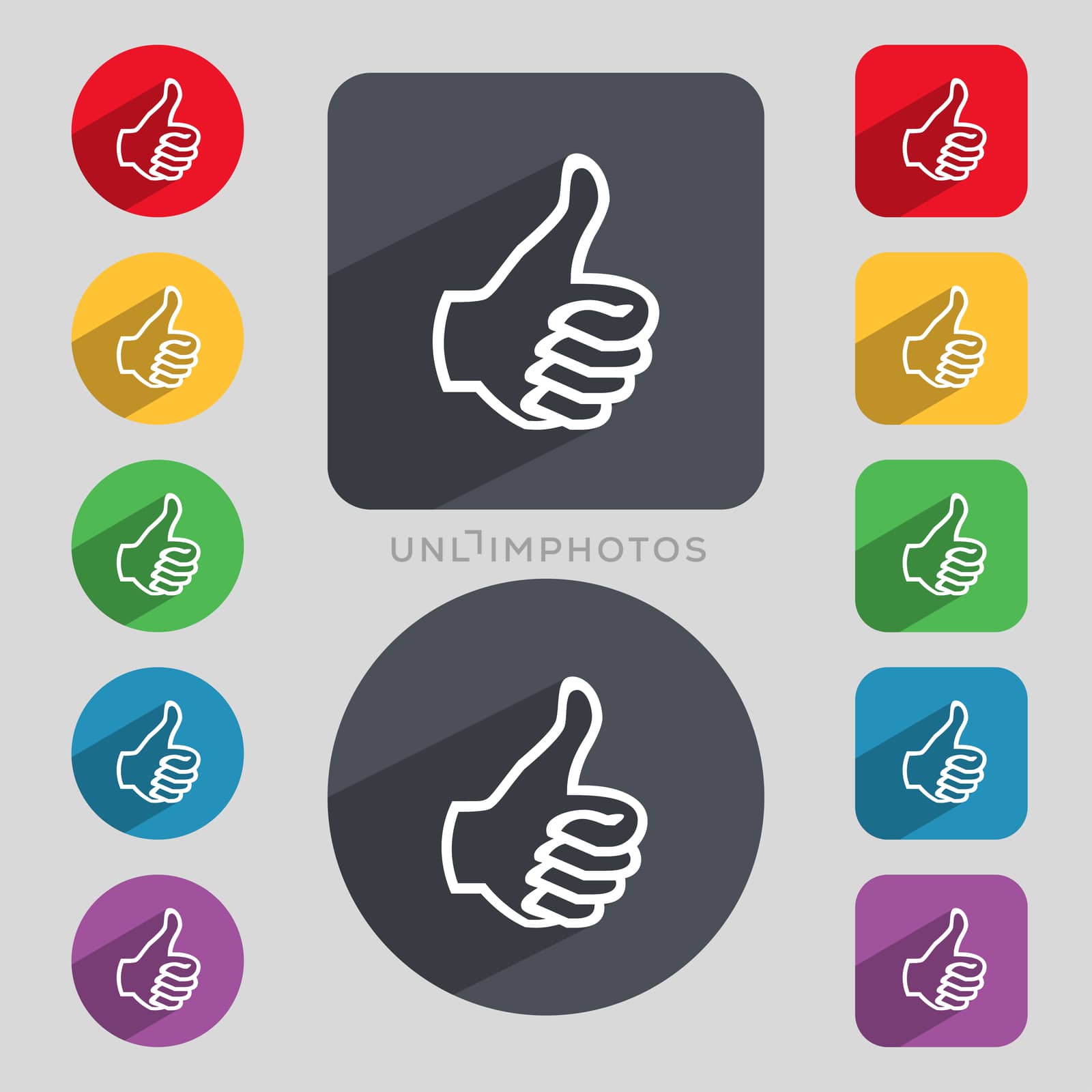 Like sign icon. Thumb up sign. Hand finger up. Set of colored buttons. illustration