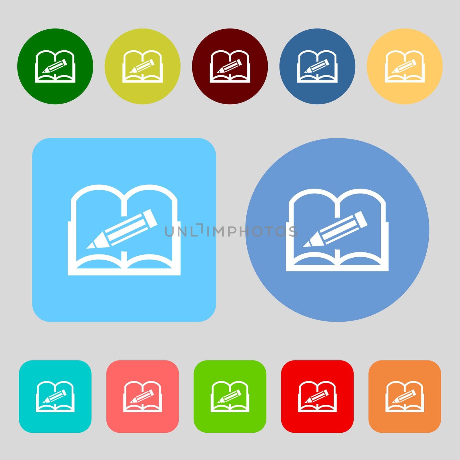 Book sign icon. Open book symbol.12 colored buttons. Flat design. illustration