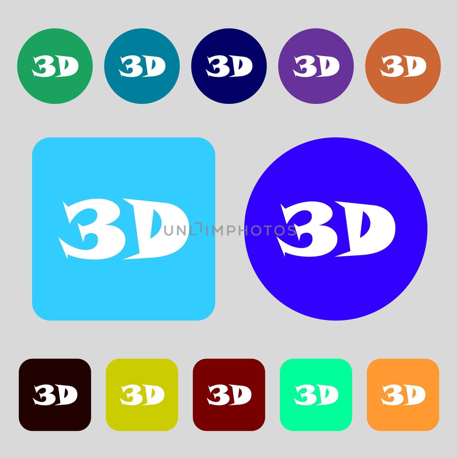 3D sign icon. 3D-New technology symbol. 12 colored buttons. Flat design.  by serhii_lohvyniuk