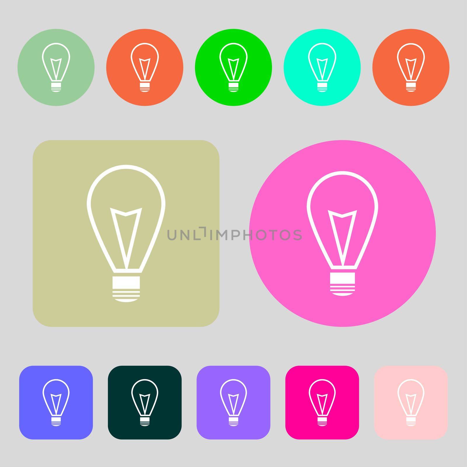 Light lamp sign icon. Idea symbol. Lightis on.12 colored buttons. Flat design. illustration