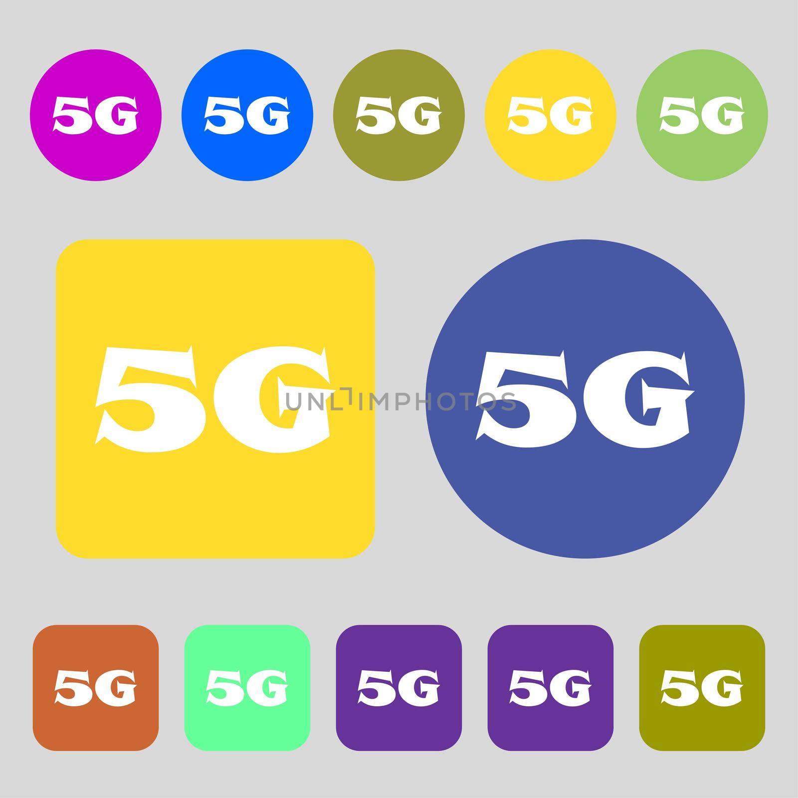 5G sign icon. Mobile telecommunications technology symbol.12 colored buttons. Flat design. illustration