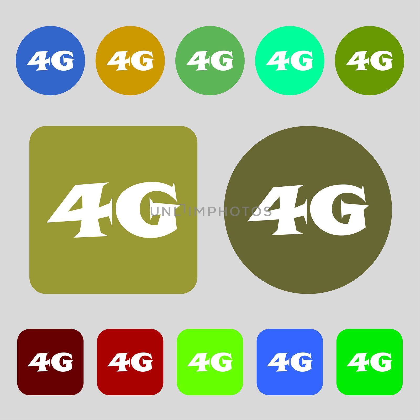 4G sign icon. Mobile telecommunications technology symbol. 12 colored buttons. Flat design.  by serhii_lohvyniuk