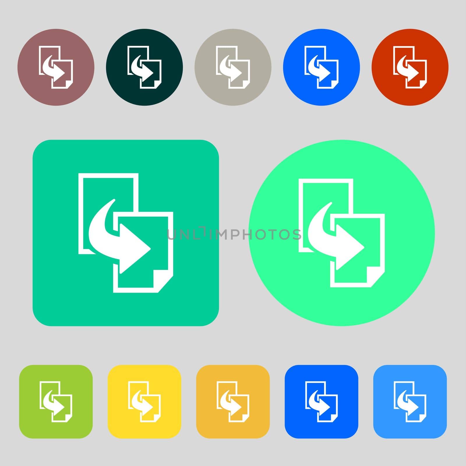 Copy file sign icon. Duplicate document symbol.12 colored buttons. Flat design. illustration