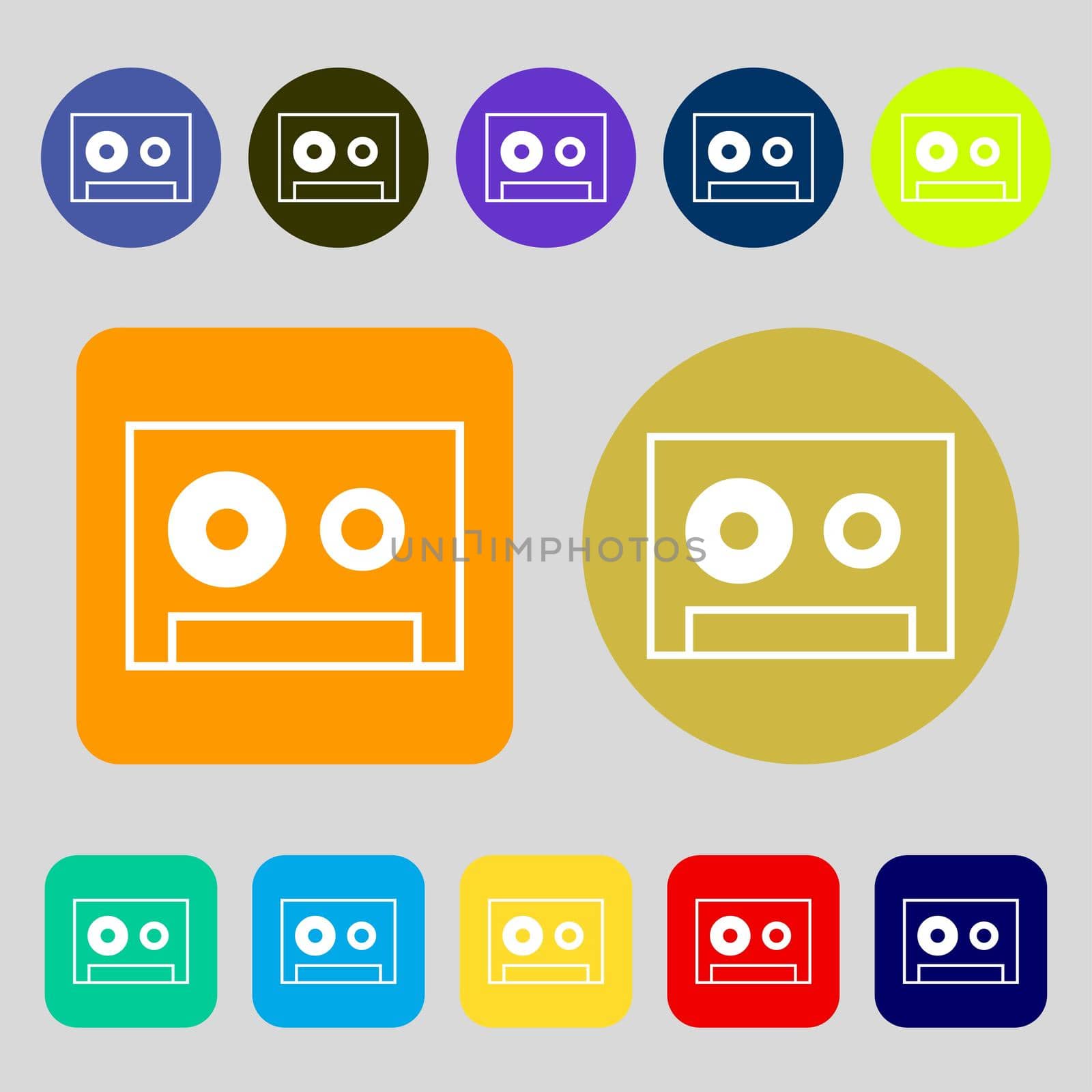 cassette sign icon. Audiocassette symbol. 12 colored buttons. Flat design.  by serhii_lohvyniuk