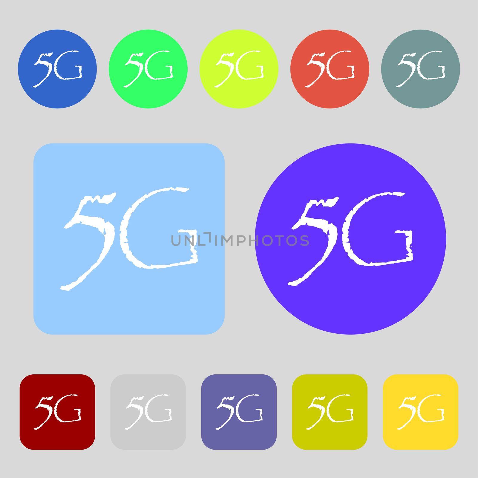 5G sign icon. Mobile telecommunications technology symbol.12 colored buttons. Flat design. illustration