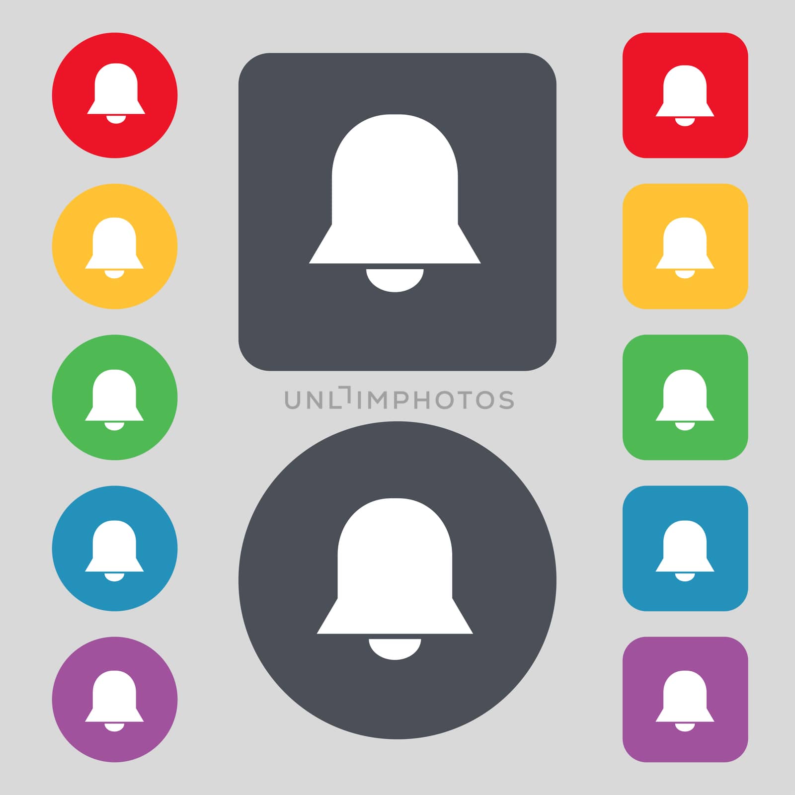 Alarm bell icon sign. A set of 12 colored buttons. Flat design. illustration