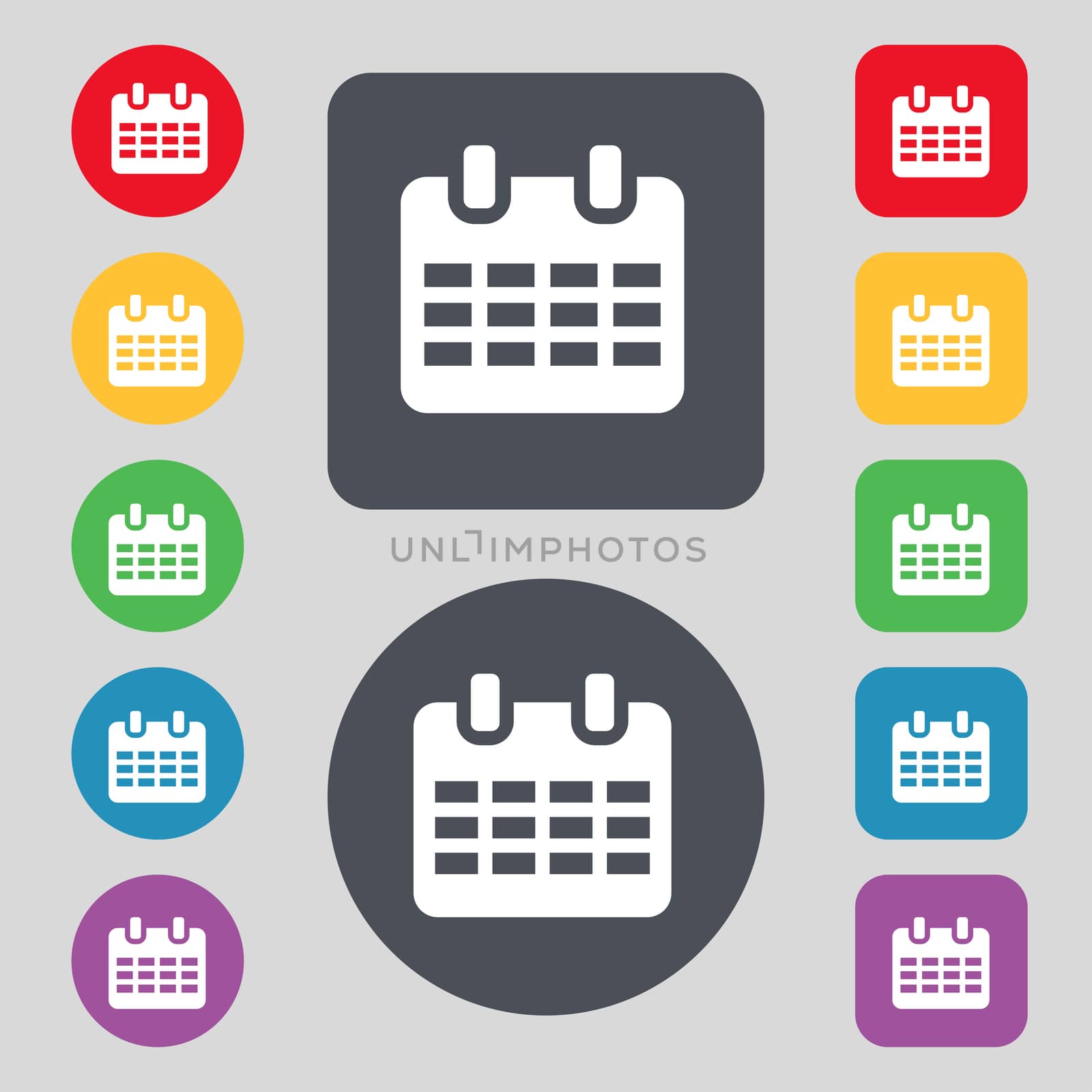  Calendar, Date or event reminder icon sign. A set of 12 colored buttons. Flat design. illustration
