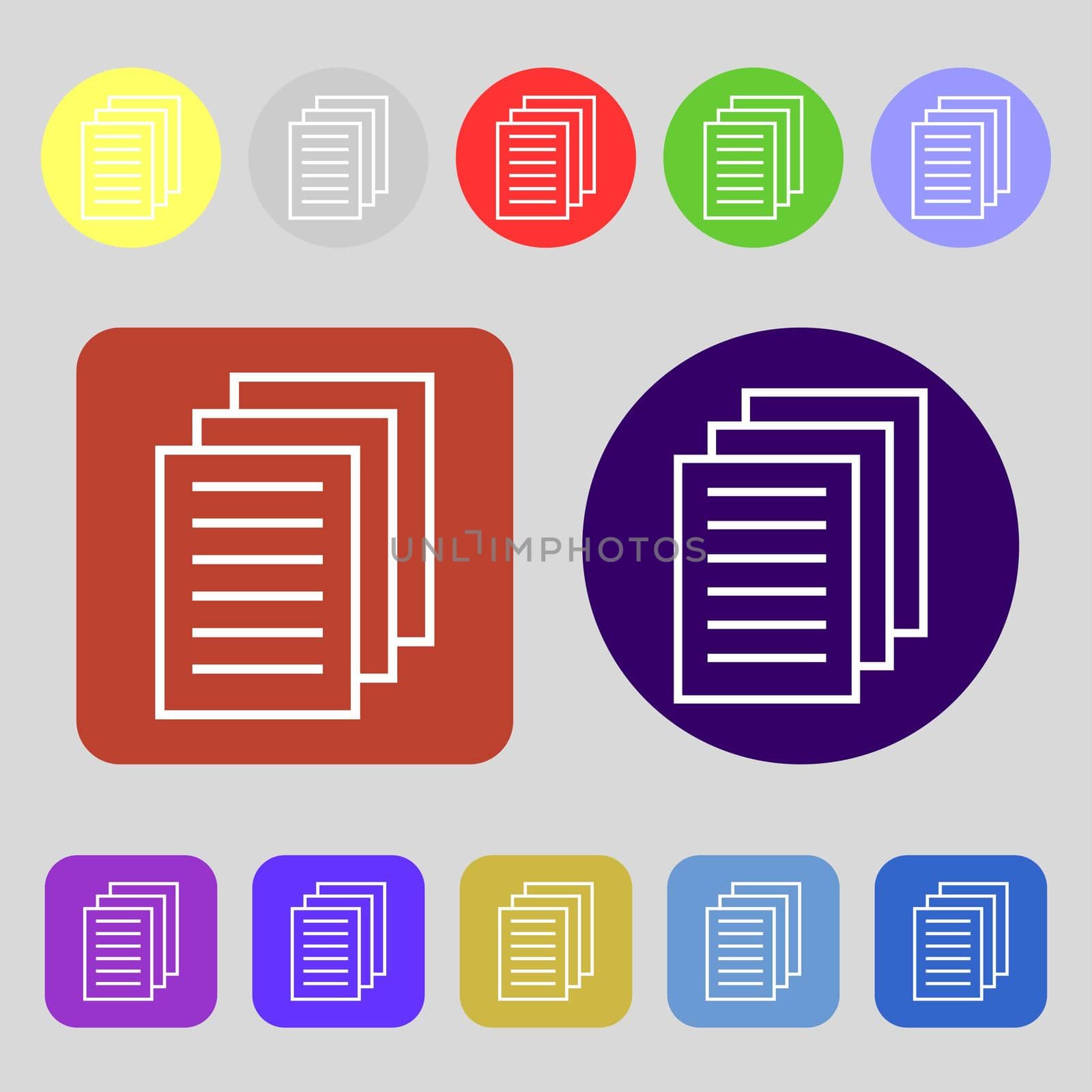 Copy file sign icon. Duplicate document symbol.12 colored buttons. Flat design. illustration