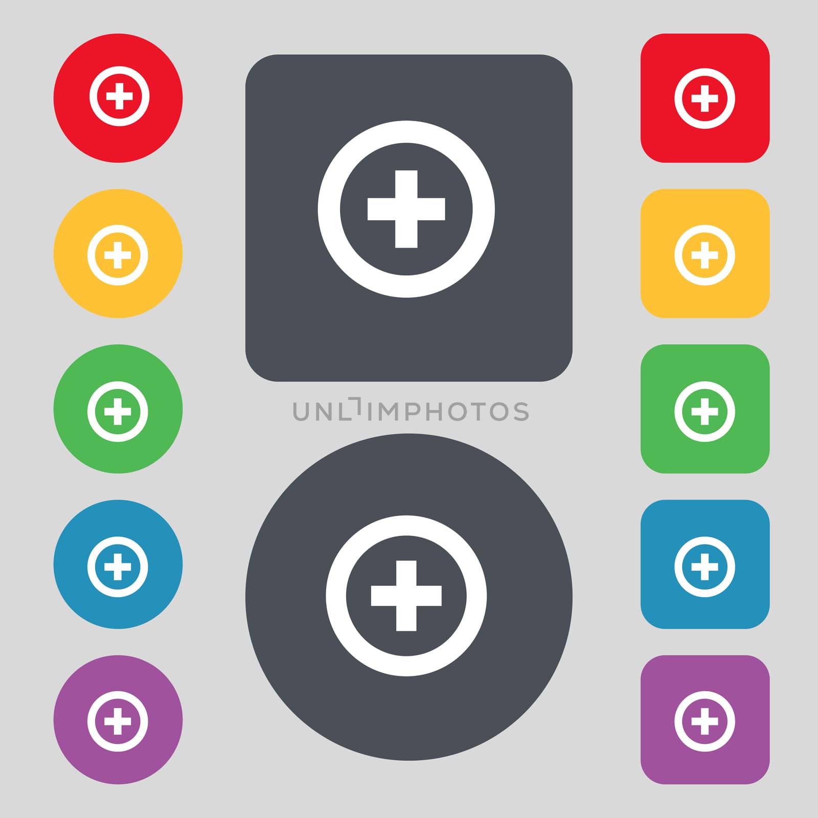 Plus, Positive icon sign. A set of 12 colored buttons. Flat design. illustration