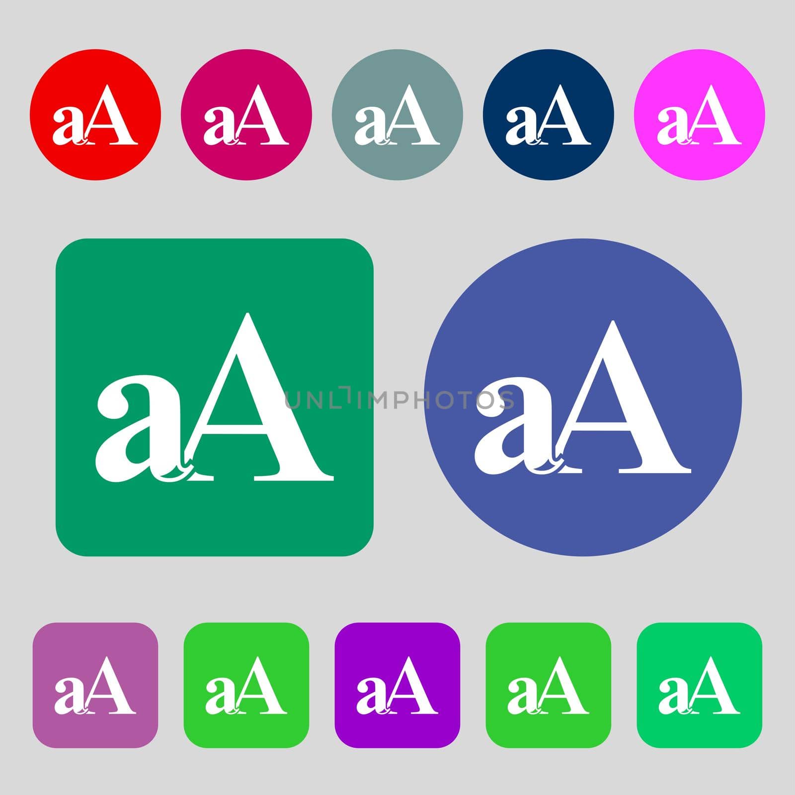 Enlarge font, aA icon sign. 12 colored buttons. Flat design.  by serhii_lohvyniuk
