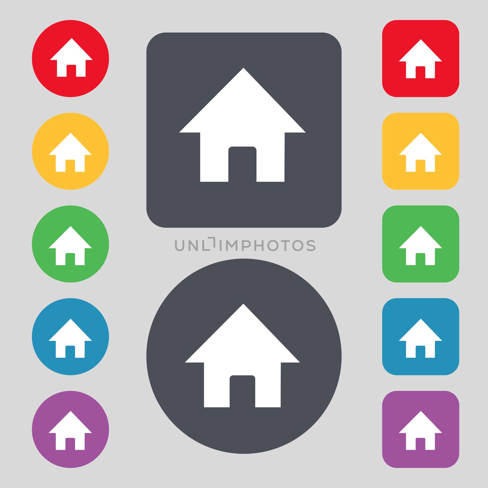 Home, Main page icon sign. A set of 12 colored buttons. Flat design. illustration