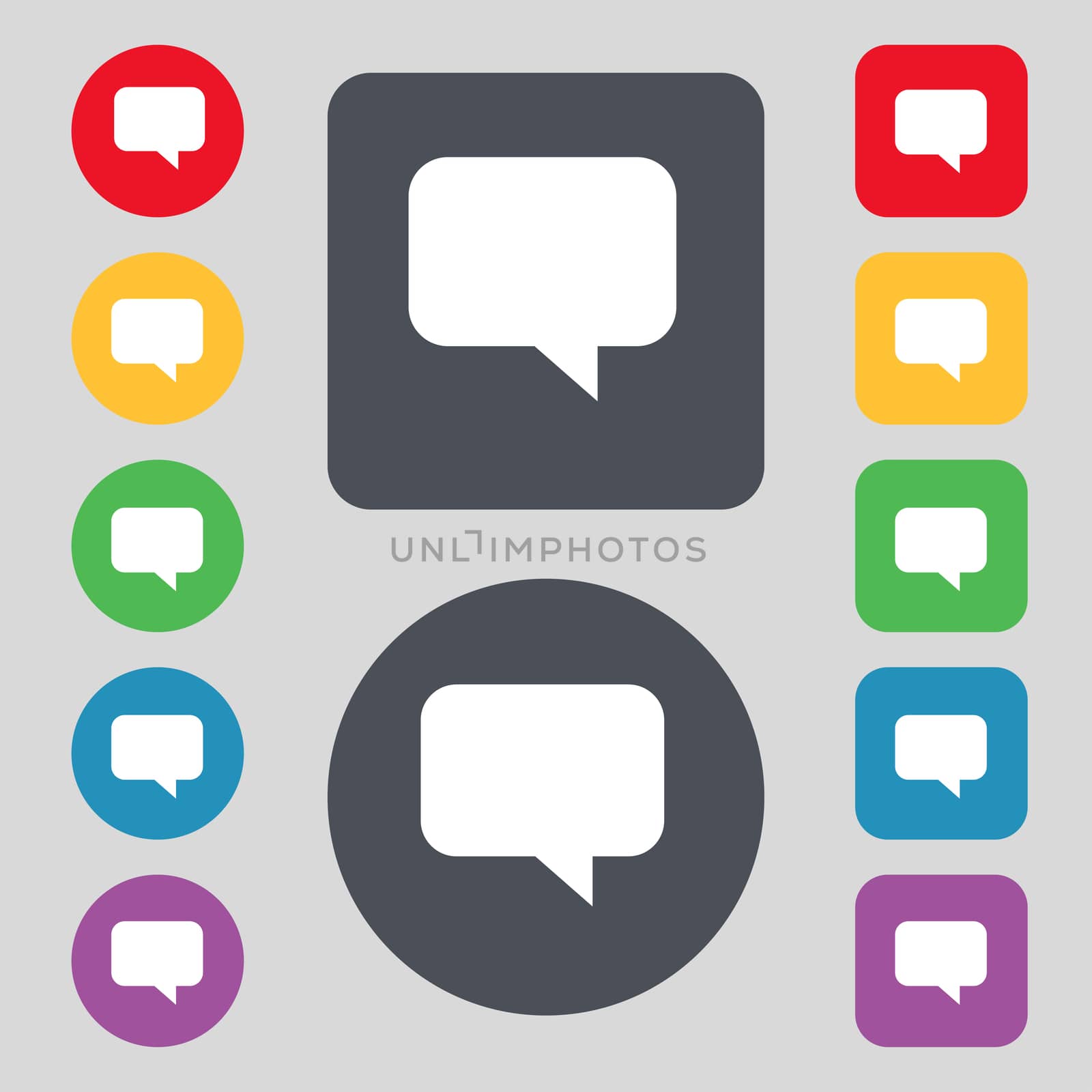 speech bubble, Chat think icon sign. A set of 12 colored buttons. Flat design. illustration