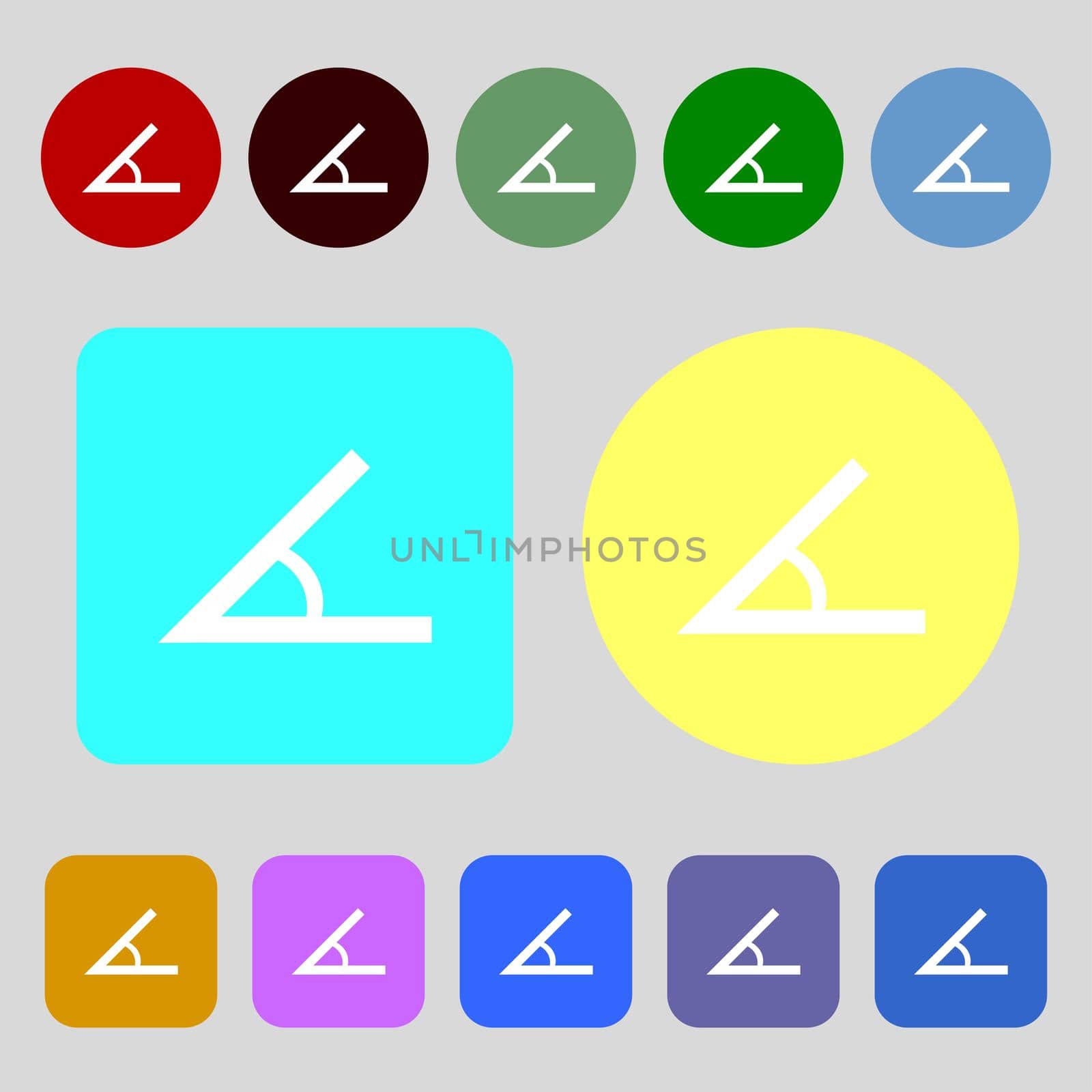 Angle 45 degrees icon sign.12 colored buttons. Flat design. illustration