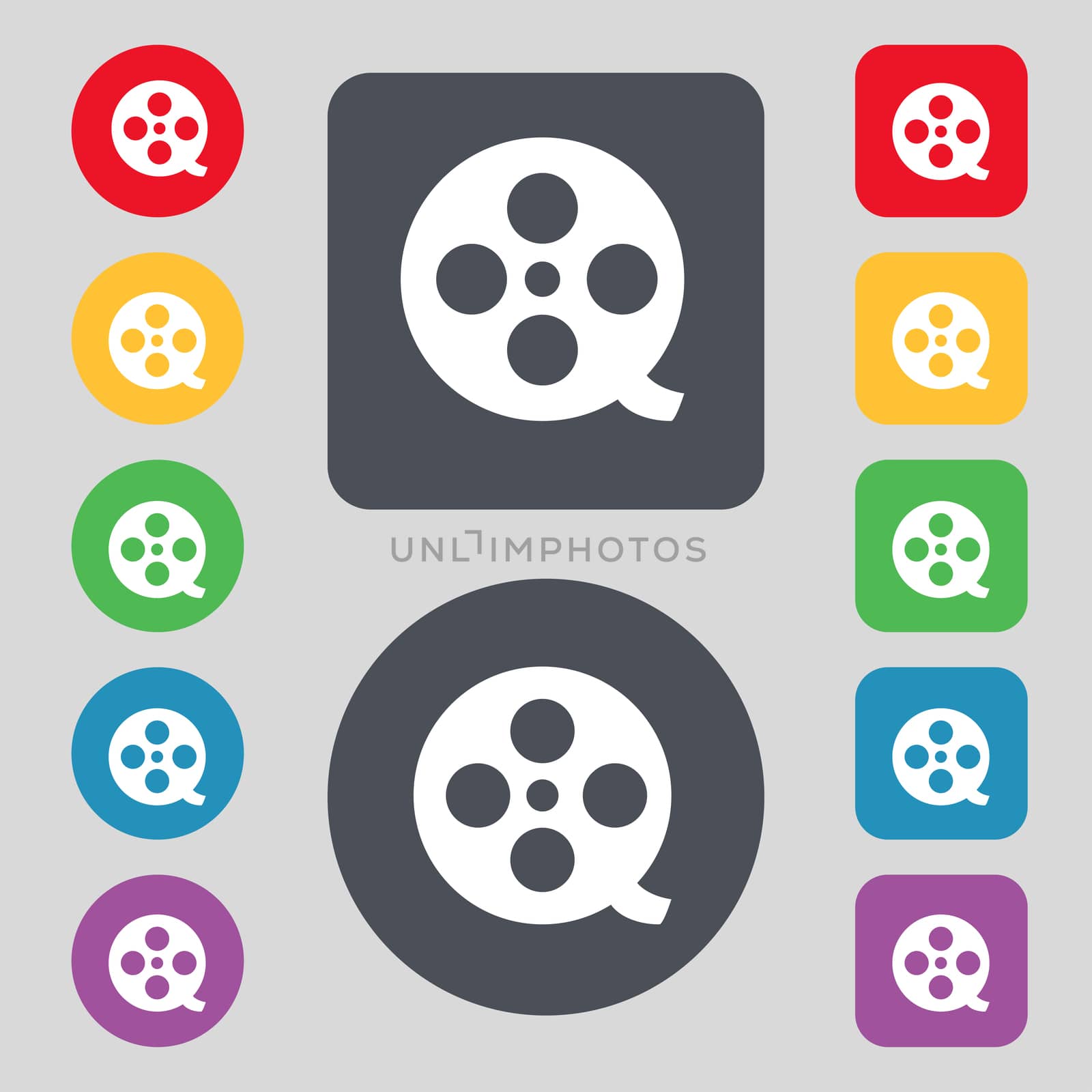 Film icon sign. A set of 12 colored buttons. Flat design. illustration