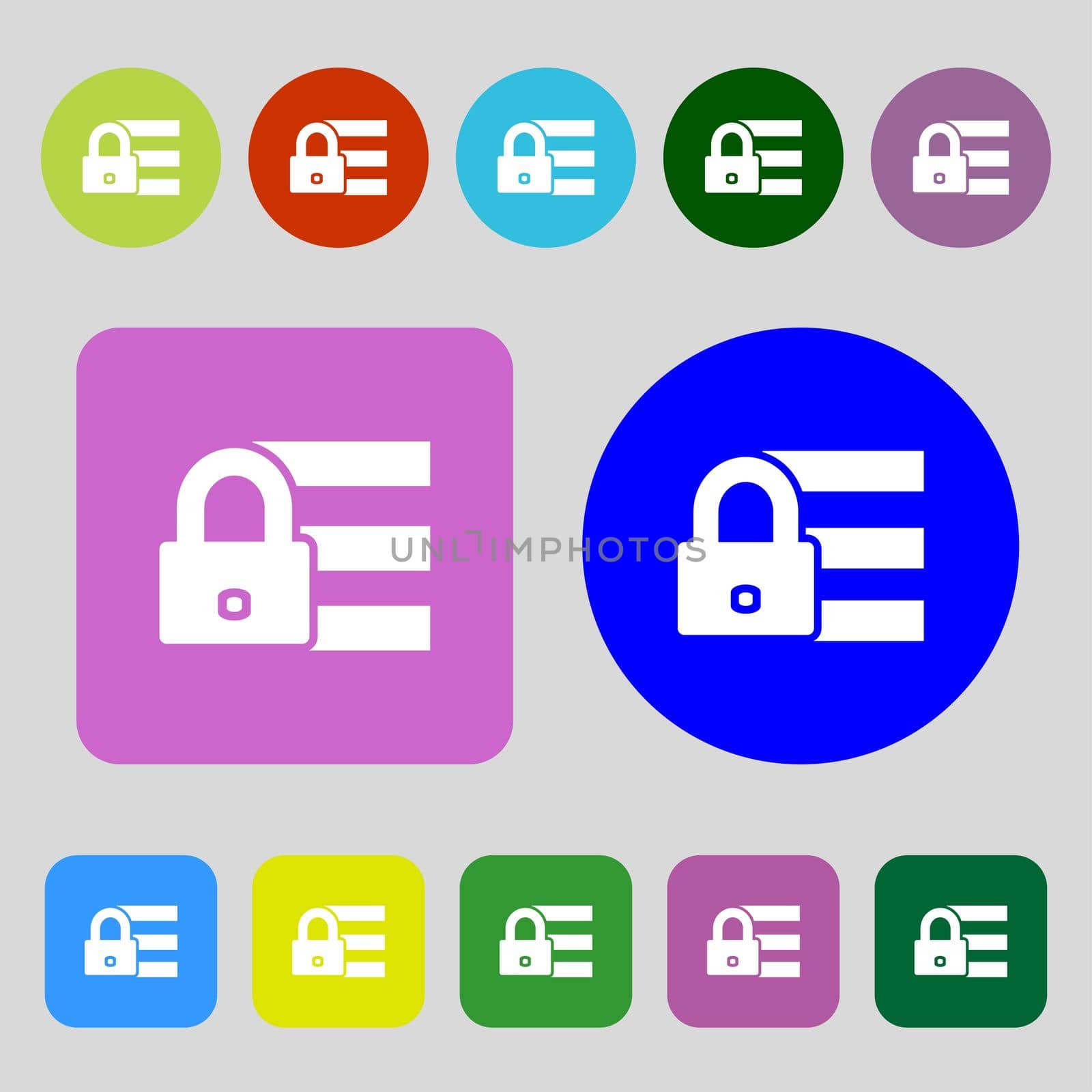 Lock, login icon sign.12 colored buttons. Flat design. illustration