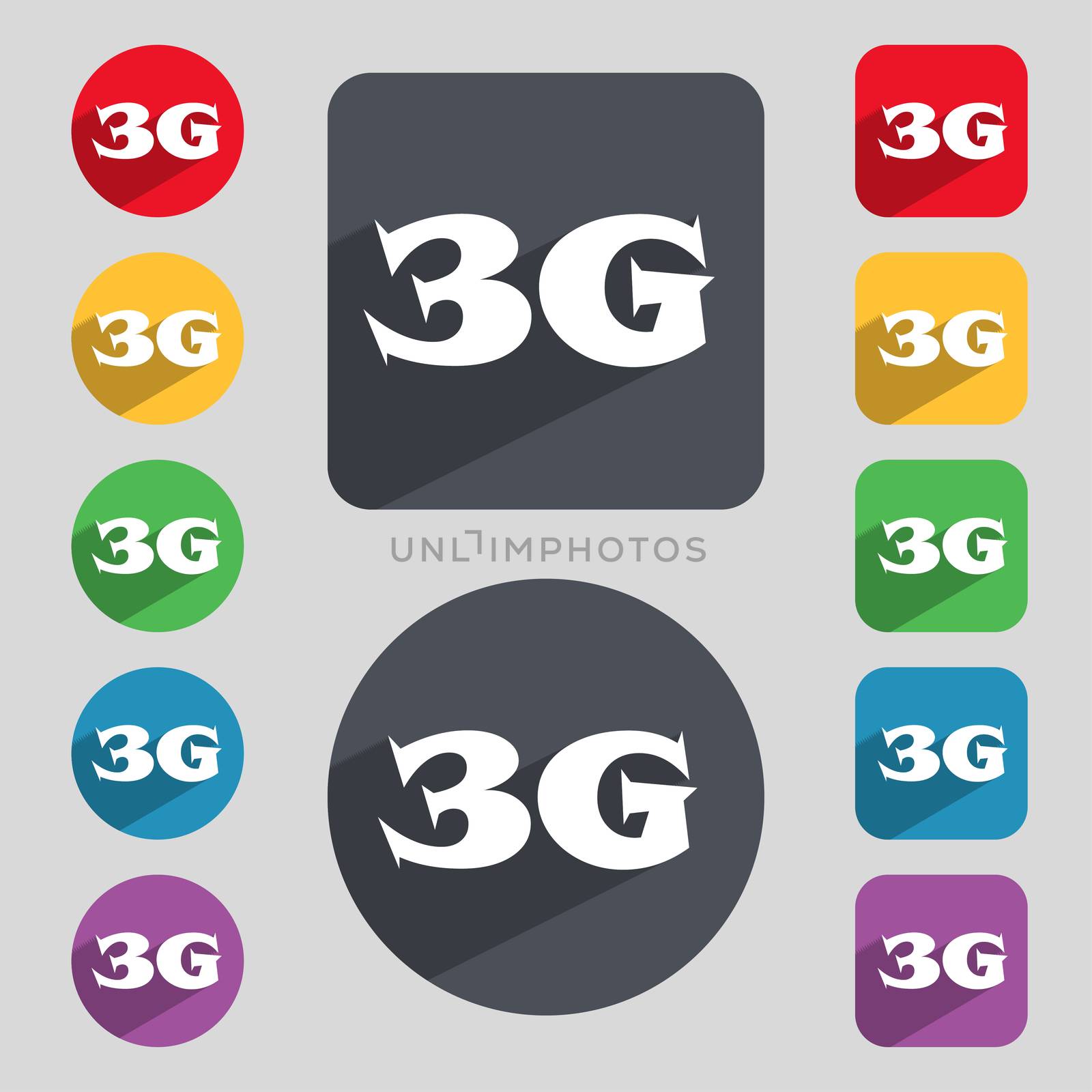 3G sign icon. Mobile telecommunications technology symbol. Set of colour buttons.  by serhii_lohvyniuk
