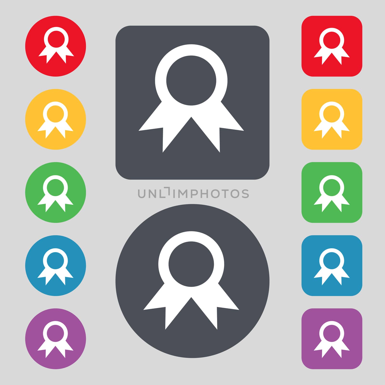 Award, Prize for winner icon sign. A set of 12 colored buttons. Flat design. illustration