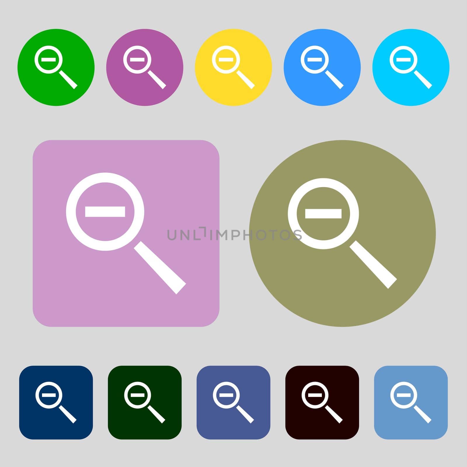 Magnifier glass, Zoom tool icon sign.12 colored buttons. Flat design. illustration