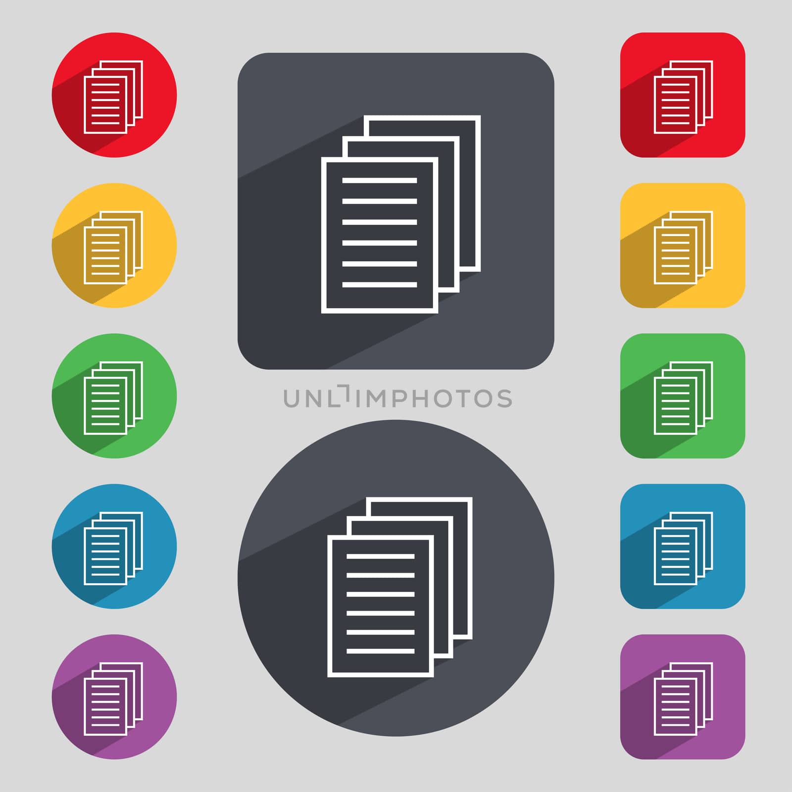 Copy file sign icon. Duplicate document symbol. Set of coloured buttons. illustration