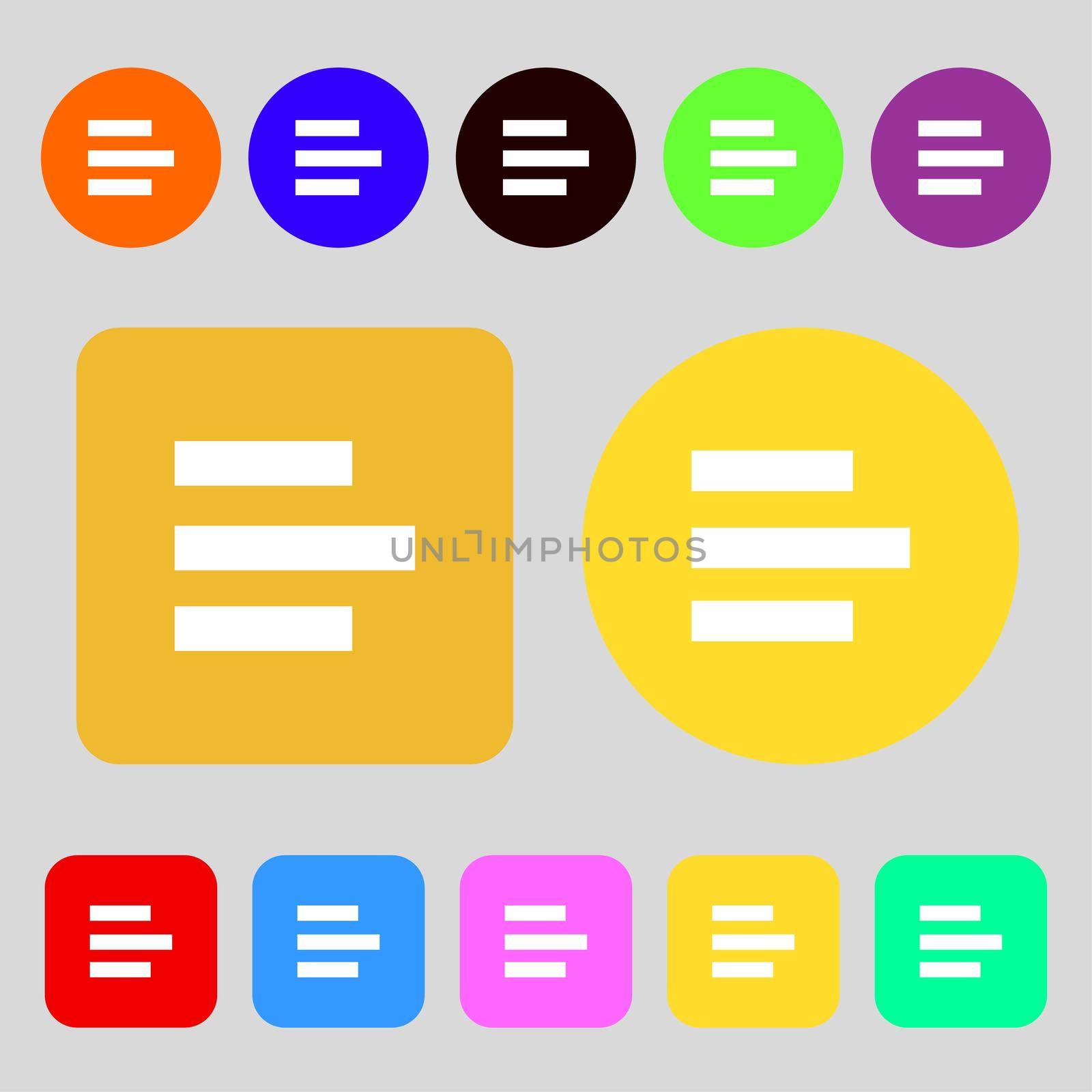 Left-aligned icon sign.12 colored buttons. Flat design. illustration