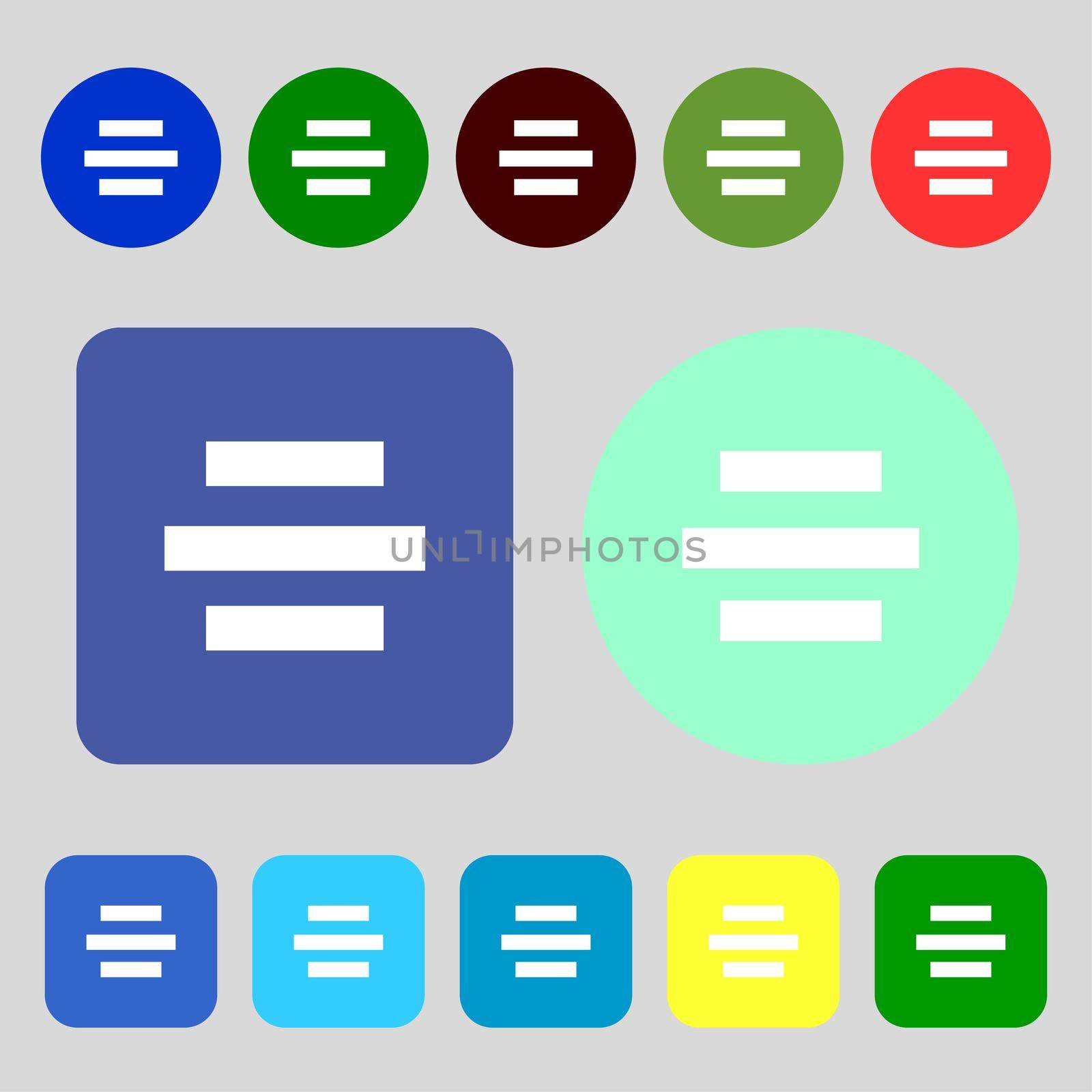 Center alignment icon sign.12 colored buttons. Flat design. illustration