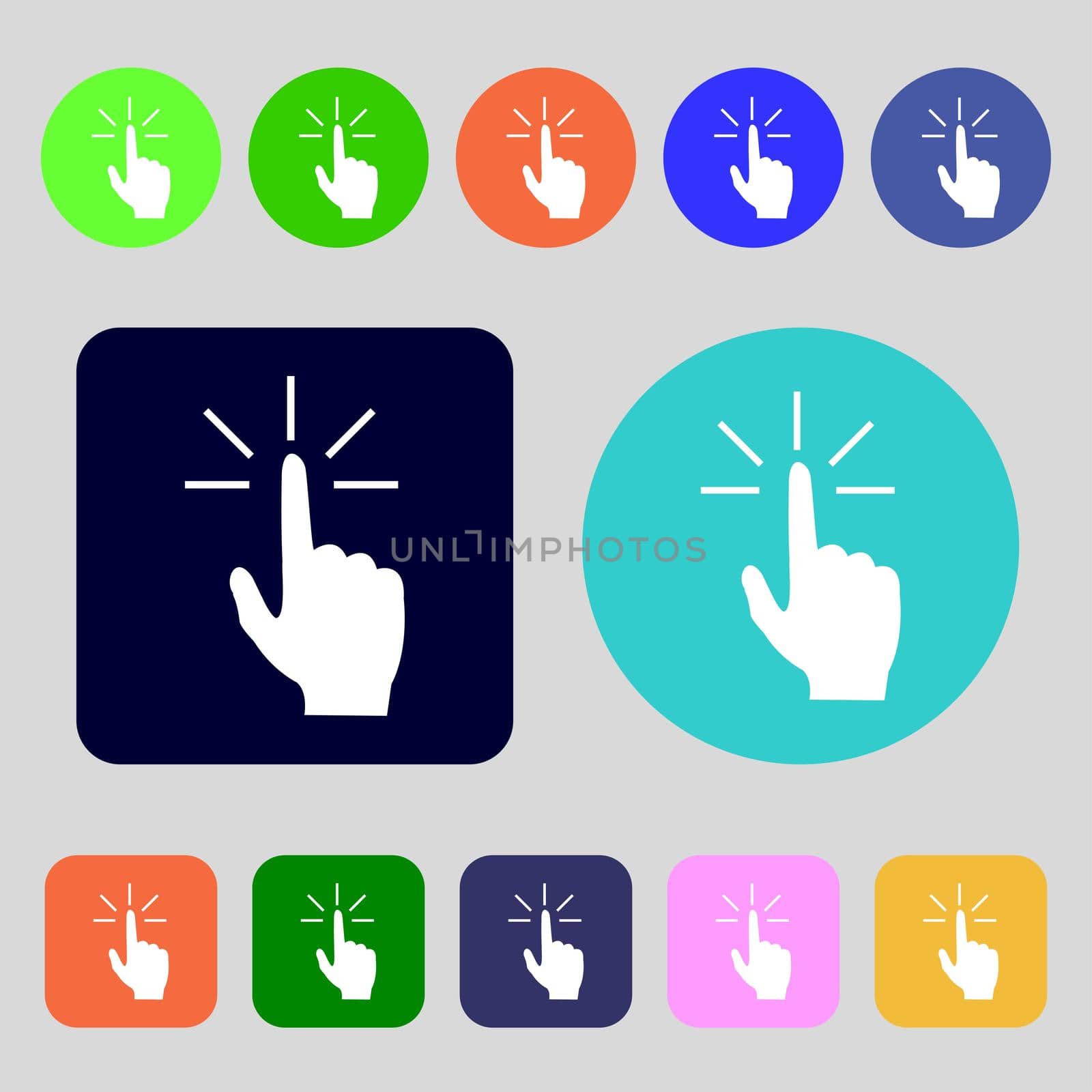 Click here hand icon sign.12 colored buttons. Flat design. illustration