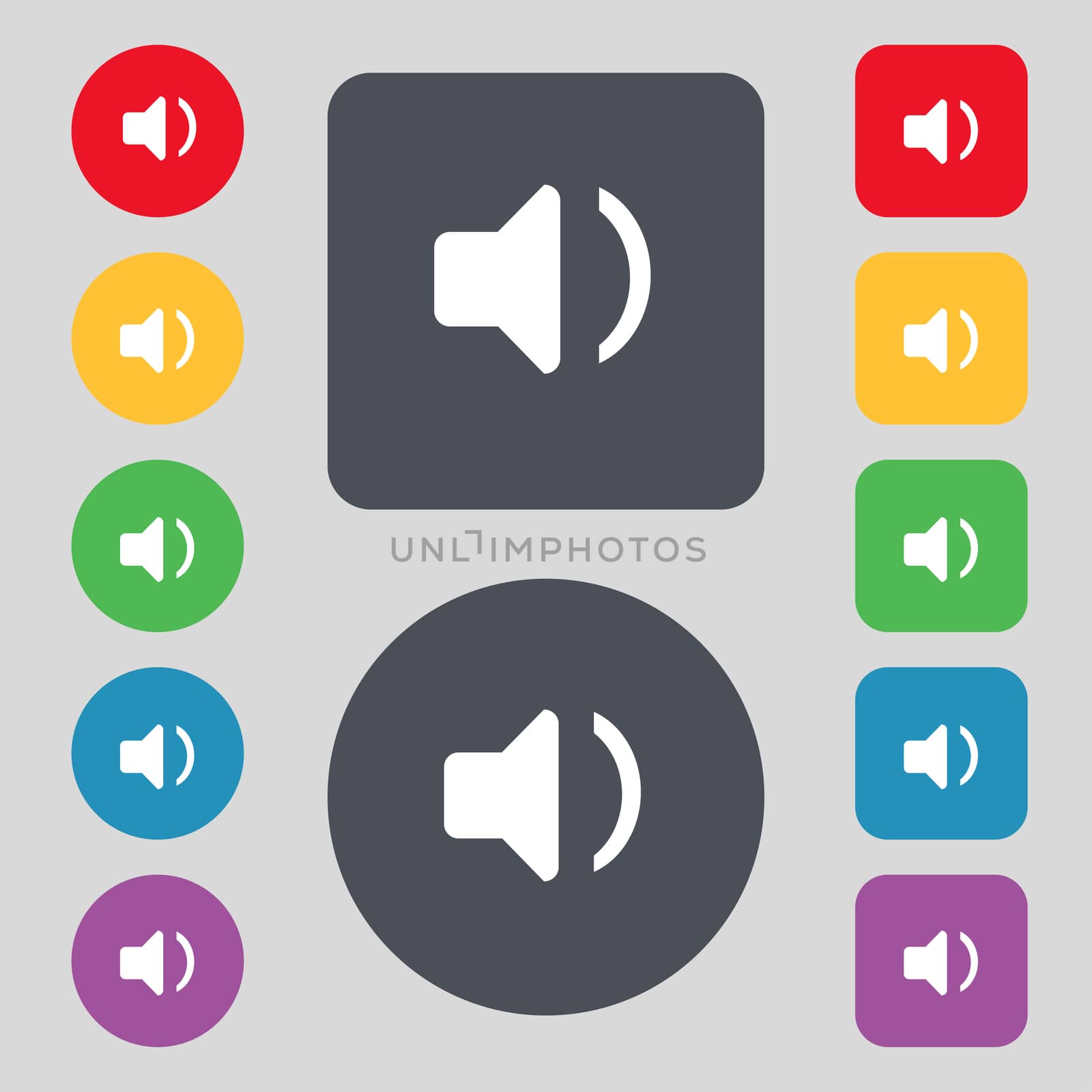 Speaker volume, Sound icon sign. A set of 12 colored buttons. Flat design.  by serhii_lohvyniuk