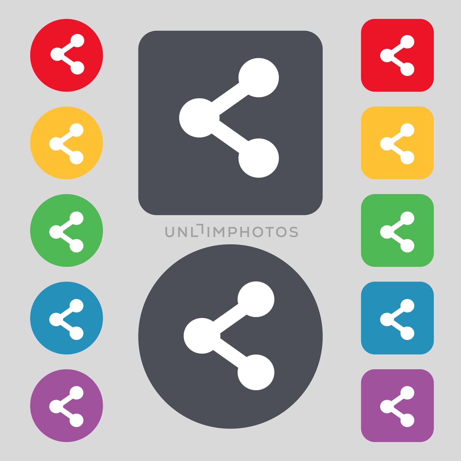 Share icon sign. A set of 12 colored buttons. Flat design. illustration