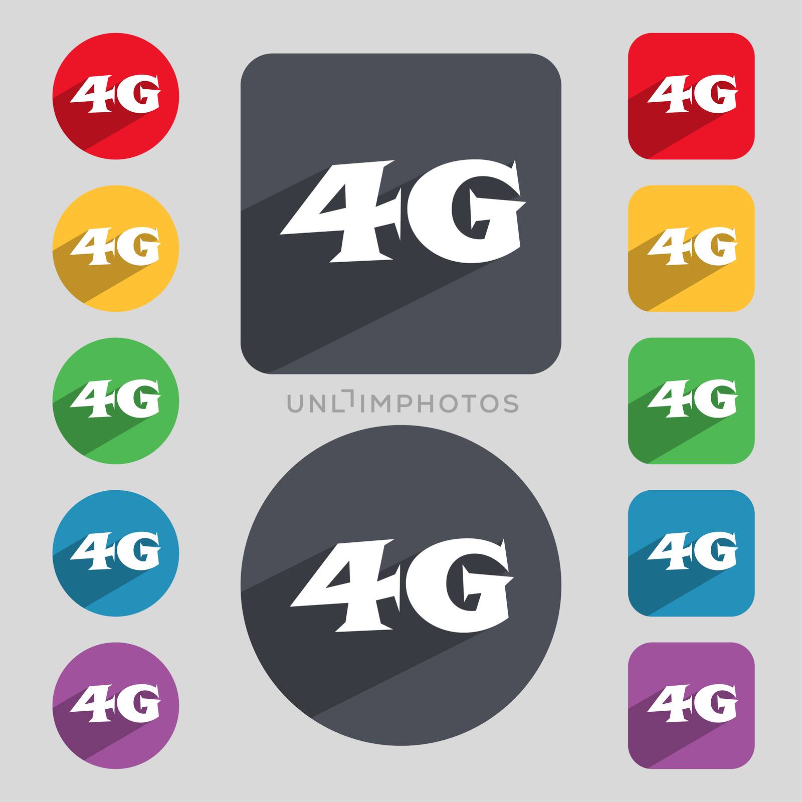 4G sign icon. Mobile telecommunications technology symbol. Set of colour buttons.  by serhii_lohvyniuk