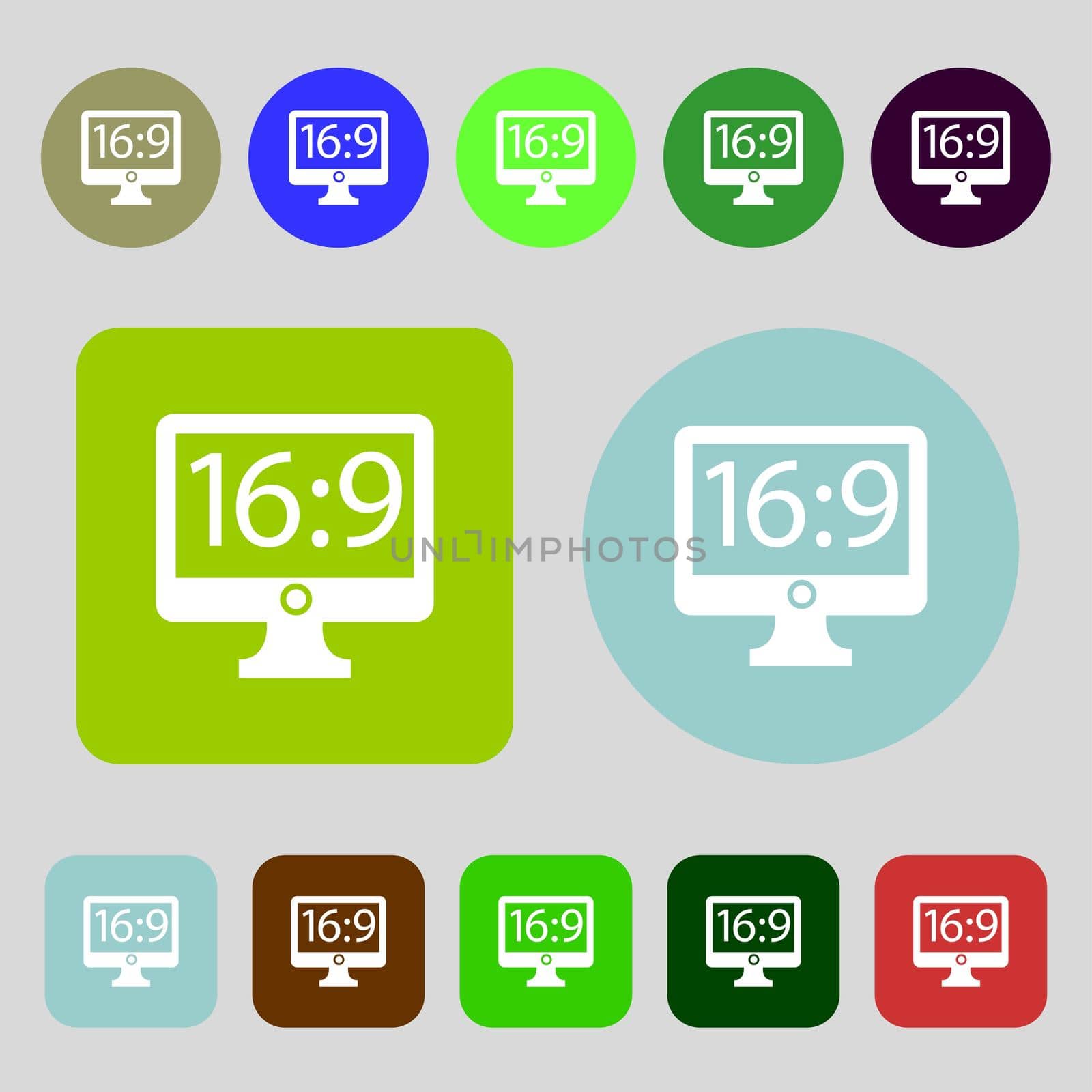 Aspect ratio 16:9 widescreen tv icon sign.12 colored buttons. Flat design. illustration