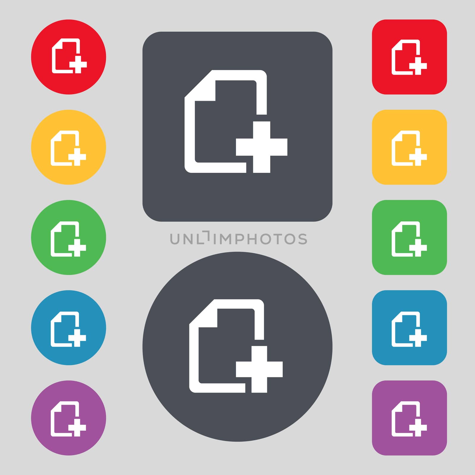 Add File document icon sign. A set of 12 colored buttons. Flat design. illustration