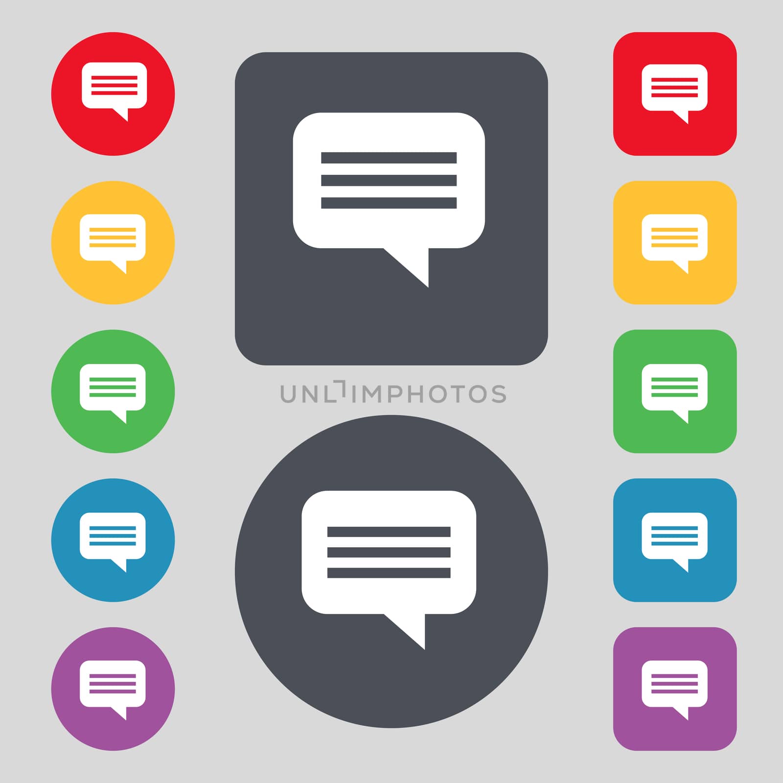 speech bubble, Chat think icon sign. A set of 12 colored buttons. Flat design. illustration
