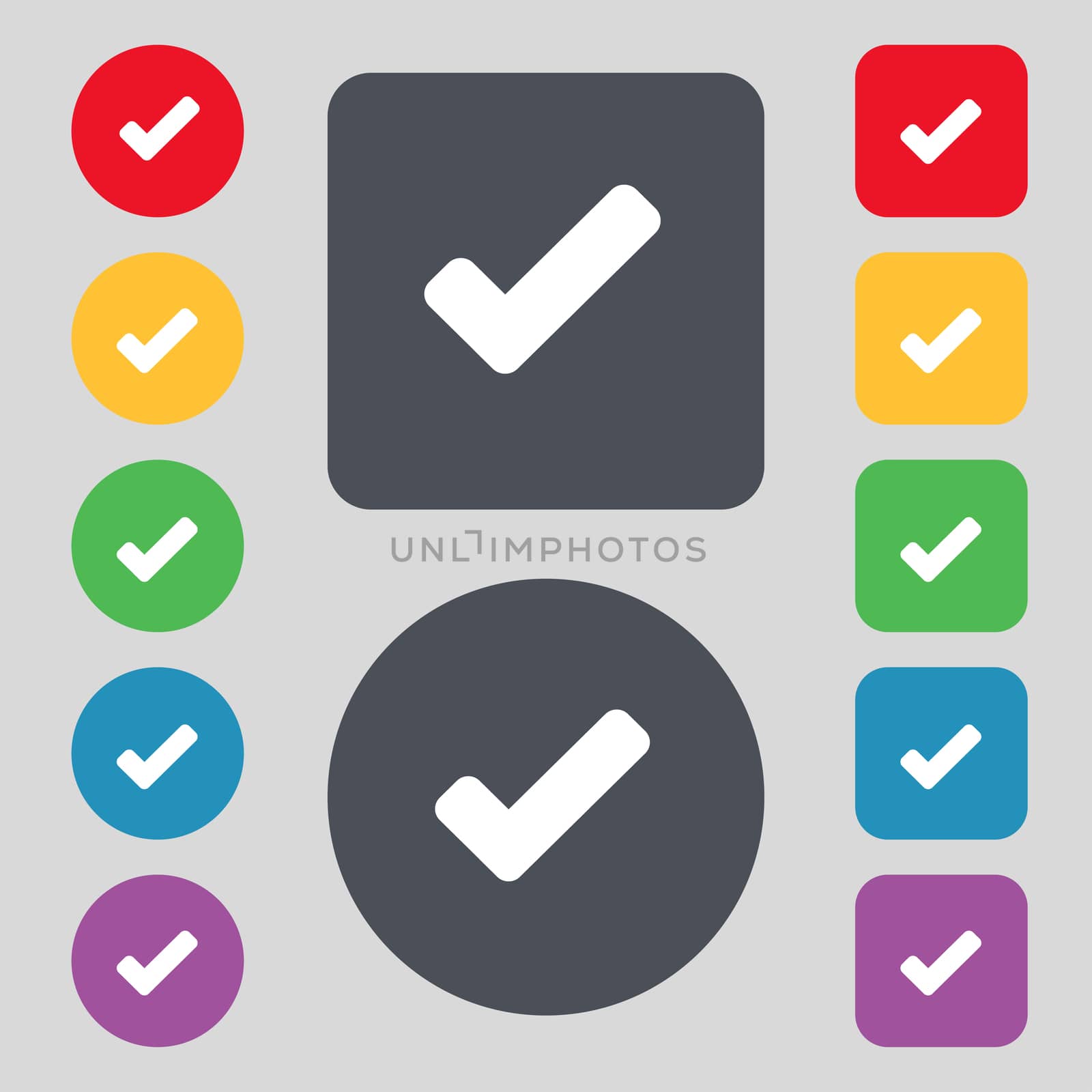 Check mark, tik icon sign. A set of 12 colored buttons. Flat design. illustration