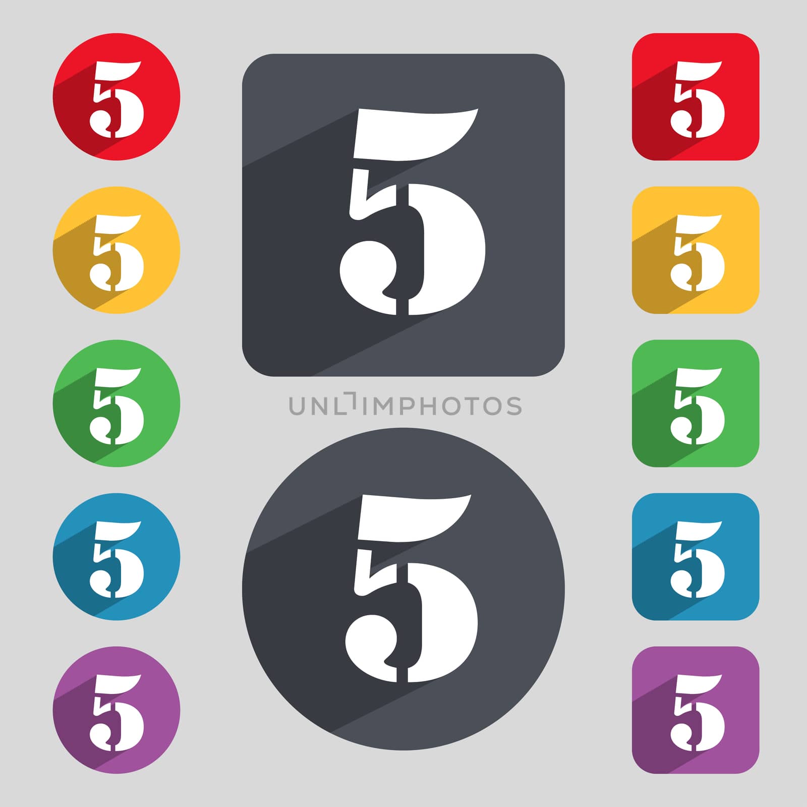 number five icon sign. Set of coloured buttons. illustration