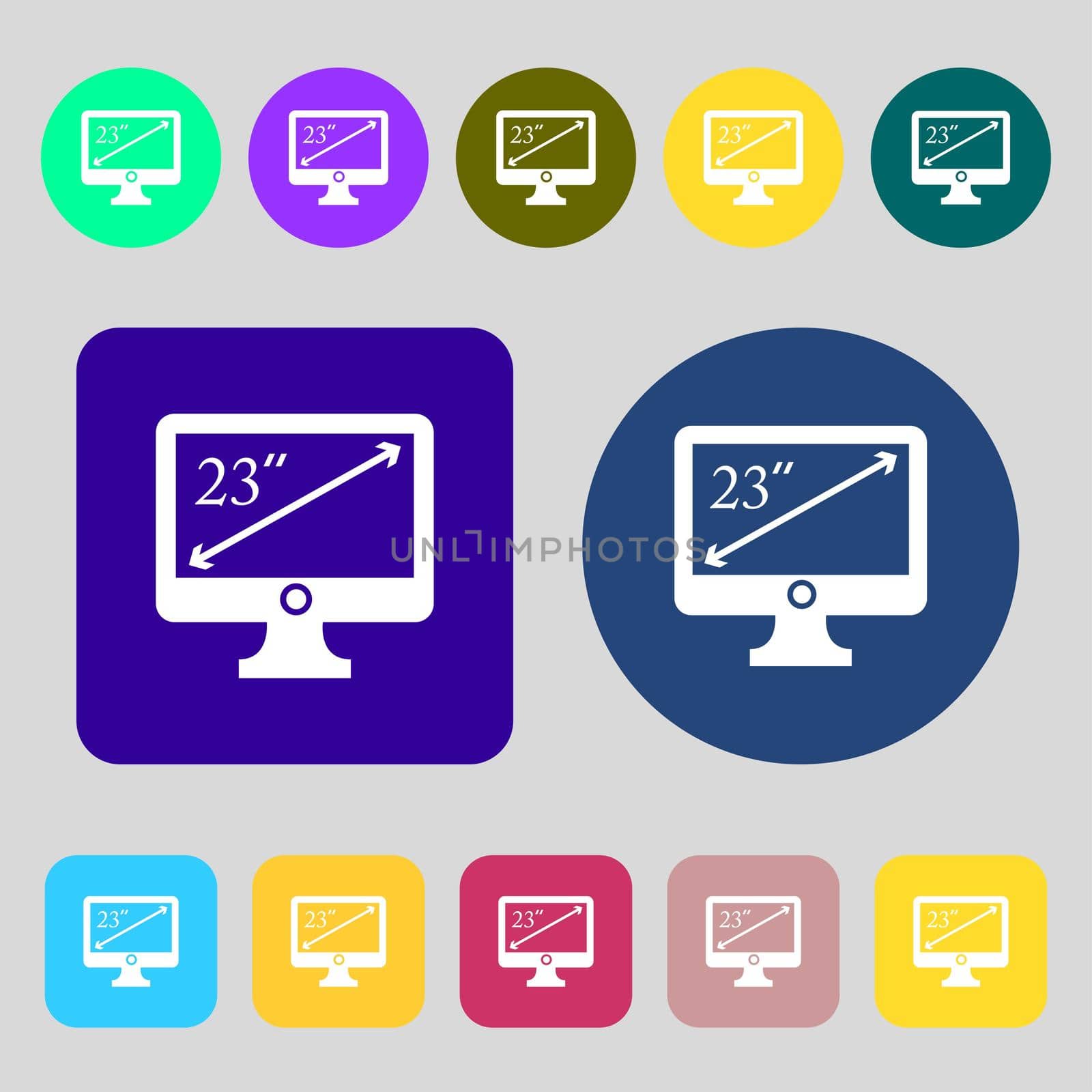 diagonal of the monitor 23 inches icon sign.12 colored buttons. Flat design. illustration