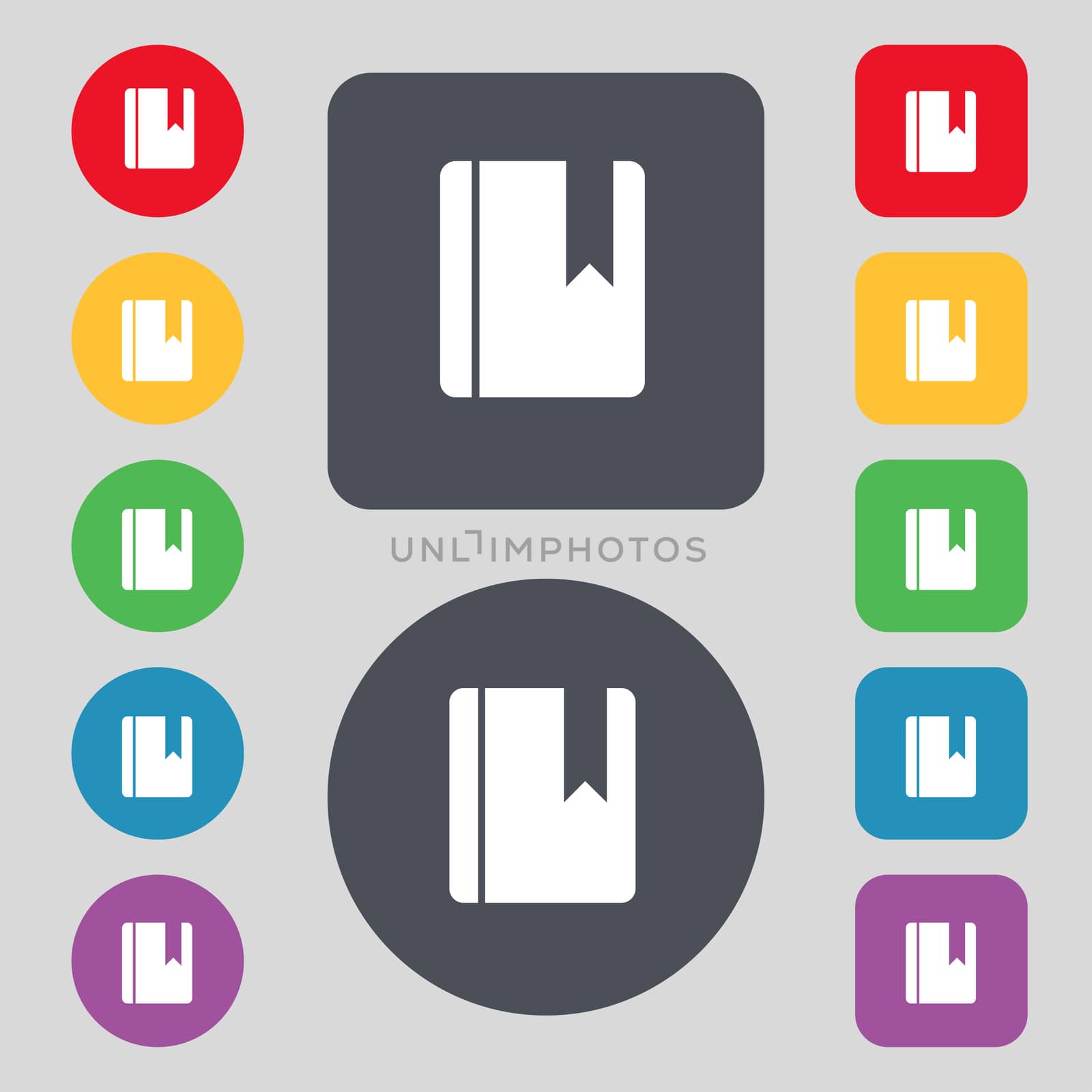 book bookmark icon sign. A set of 12 colored buttons. Flat design.  by serhii_lohvyniuk