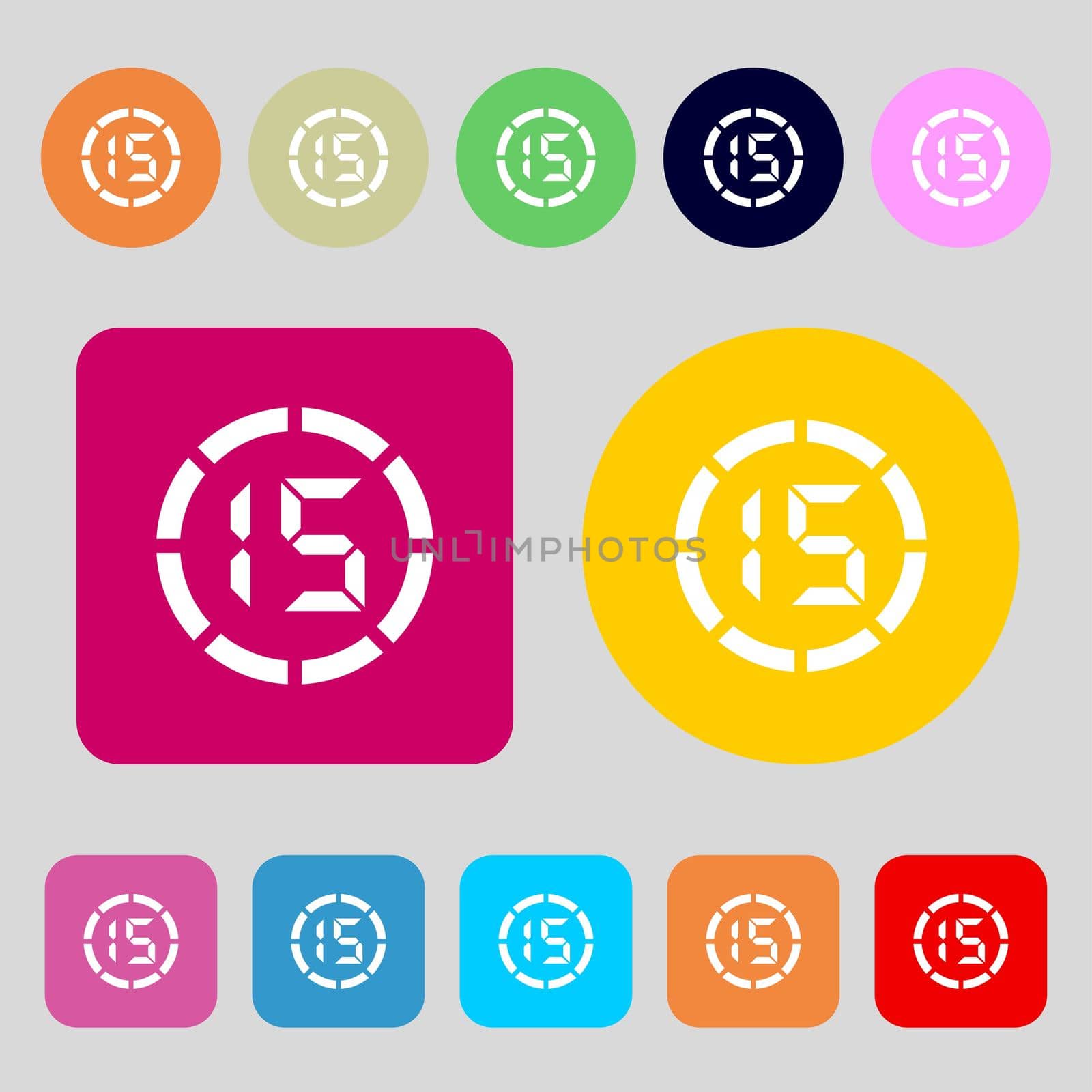 15 second stopwatch icon sign.12 colored buttons. Flat design. illustration