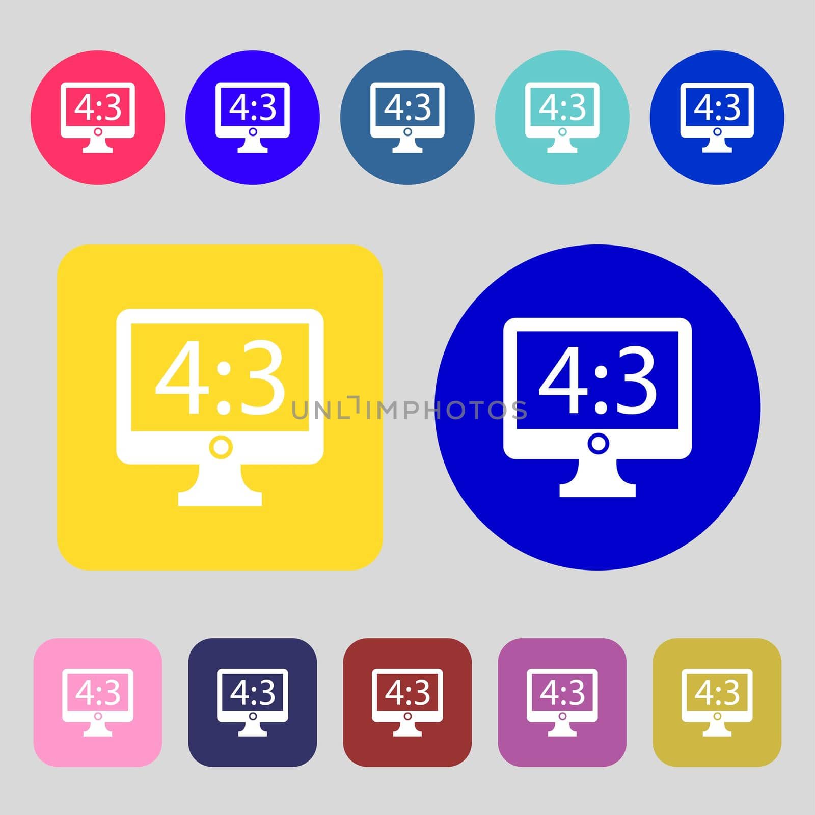 Aspect ratio 4 3 widescreen tv icon sign.12 colored buttons. Flat design. illustration