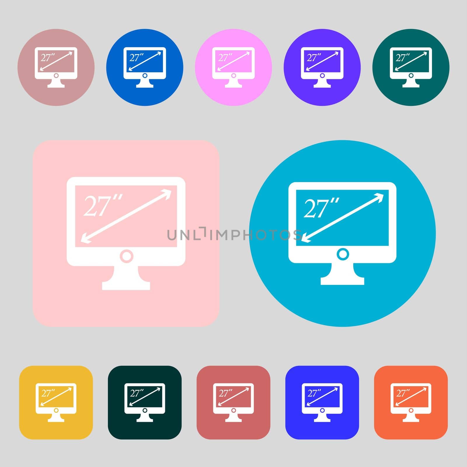 diagonal of the monitor 27 inches icon sign.12 colored buttons. Flat design. illustration