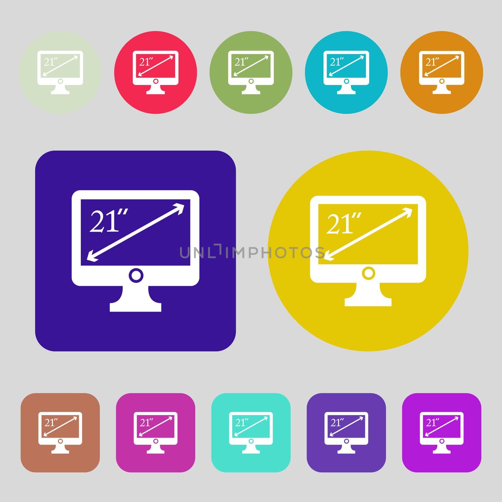 diagonal of the monitor 21 inches icon sign.12 colored buttons. Flat design. illustration