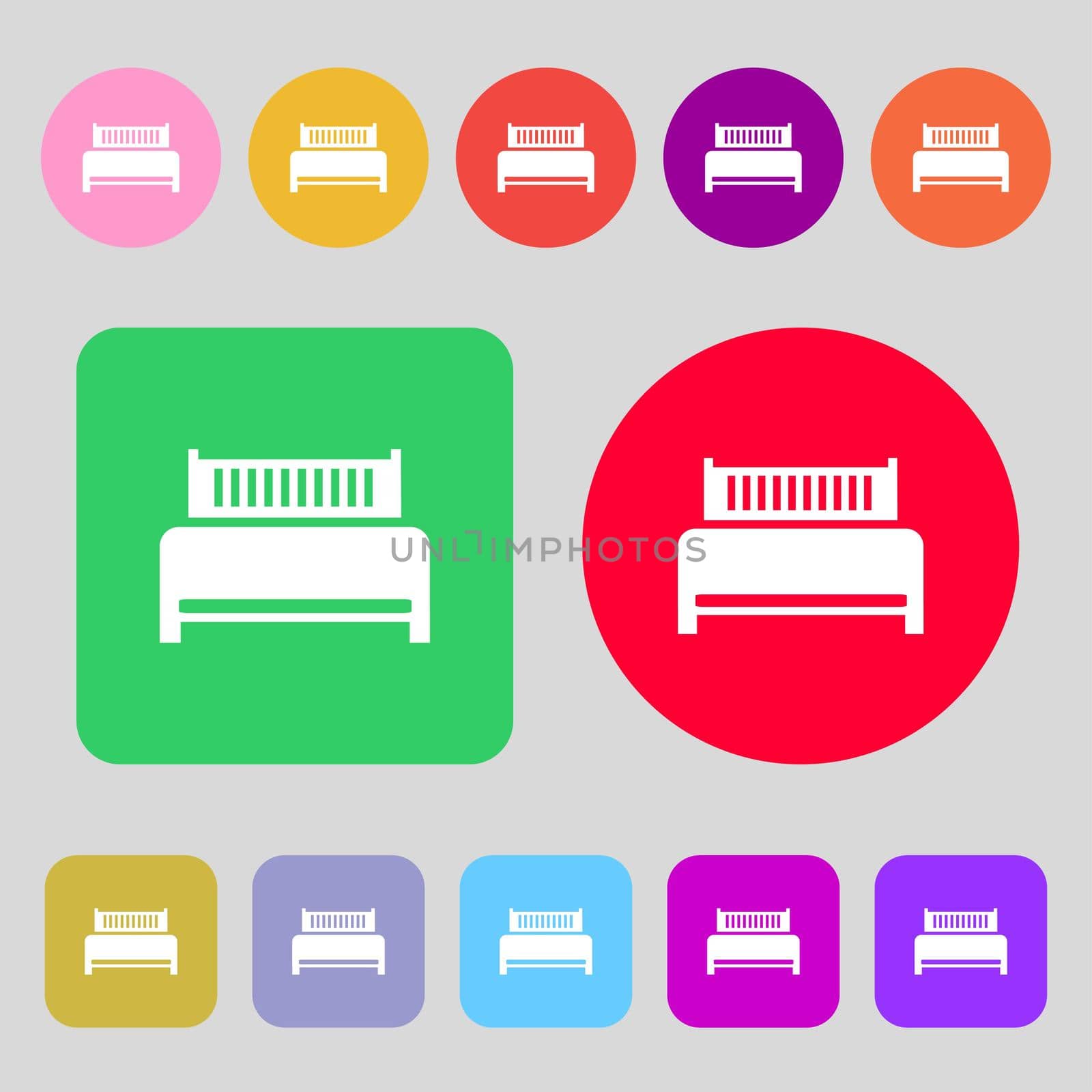 Hotel, bed icon sign. 12 colored buttons. Flat design.  by serhii_lohvyniuk
