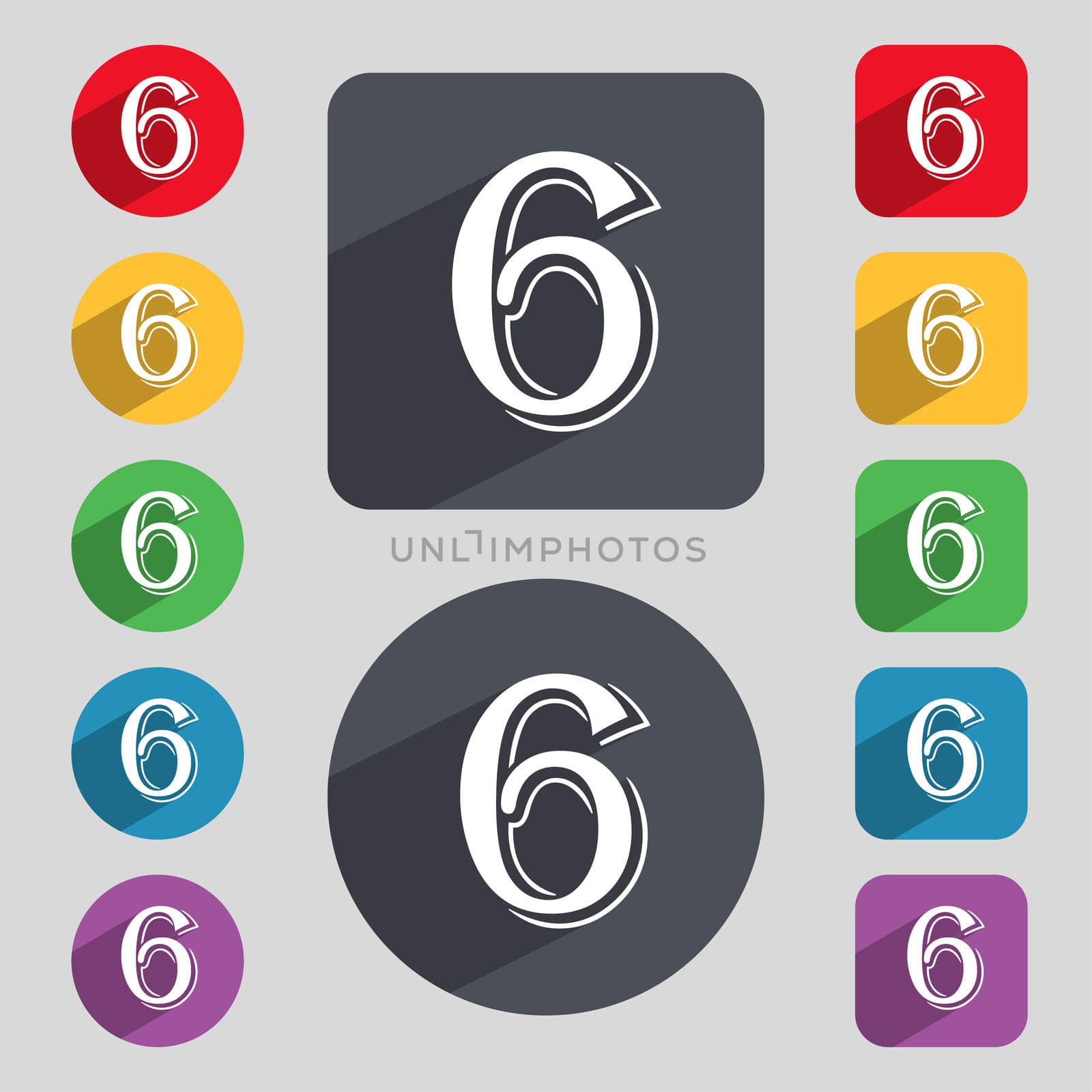 number six icon sign. Set of coloured buttons.  by serhii_lohvyniuk
