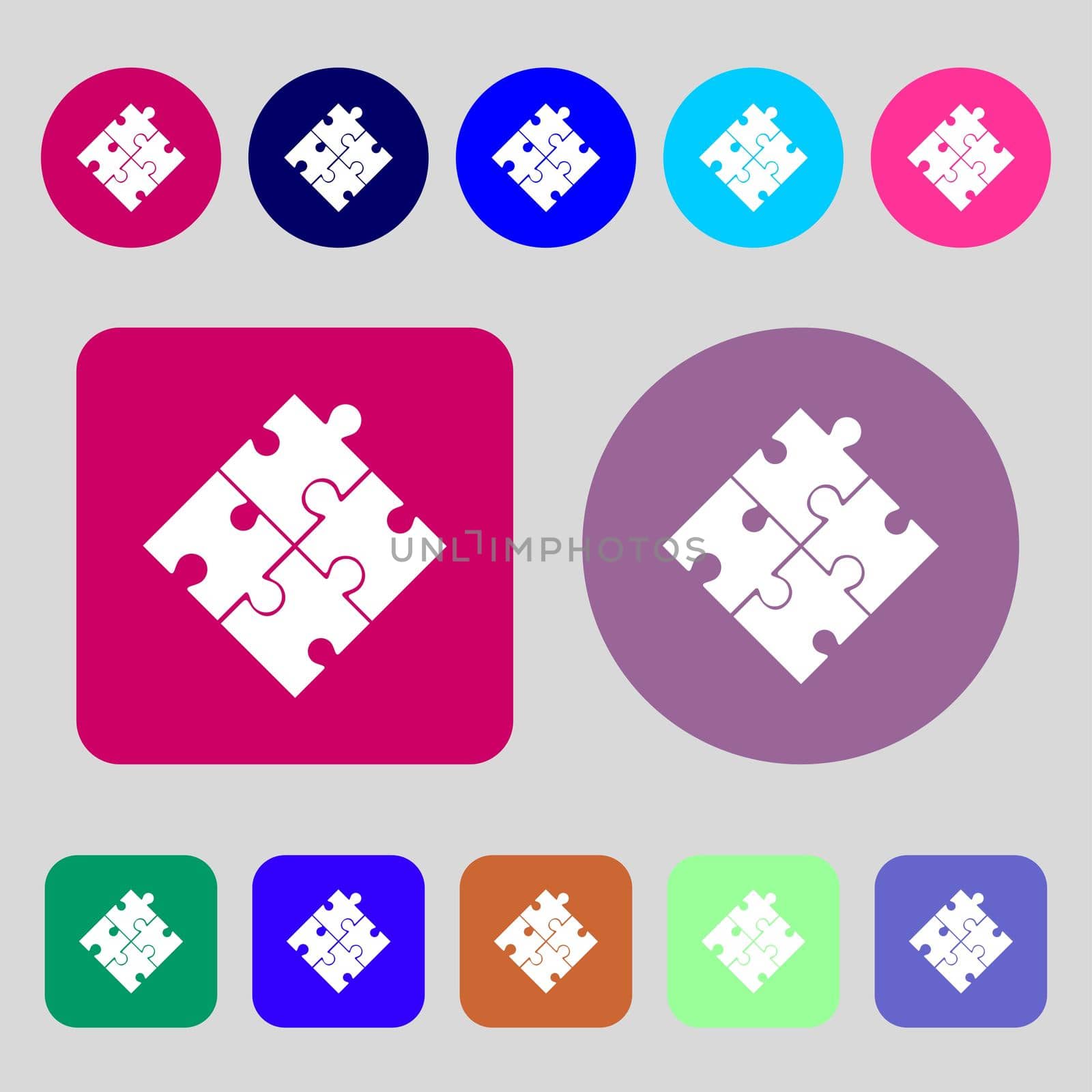 Puzzle piece icon sign.12 colored buttons. Flat design. illustration