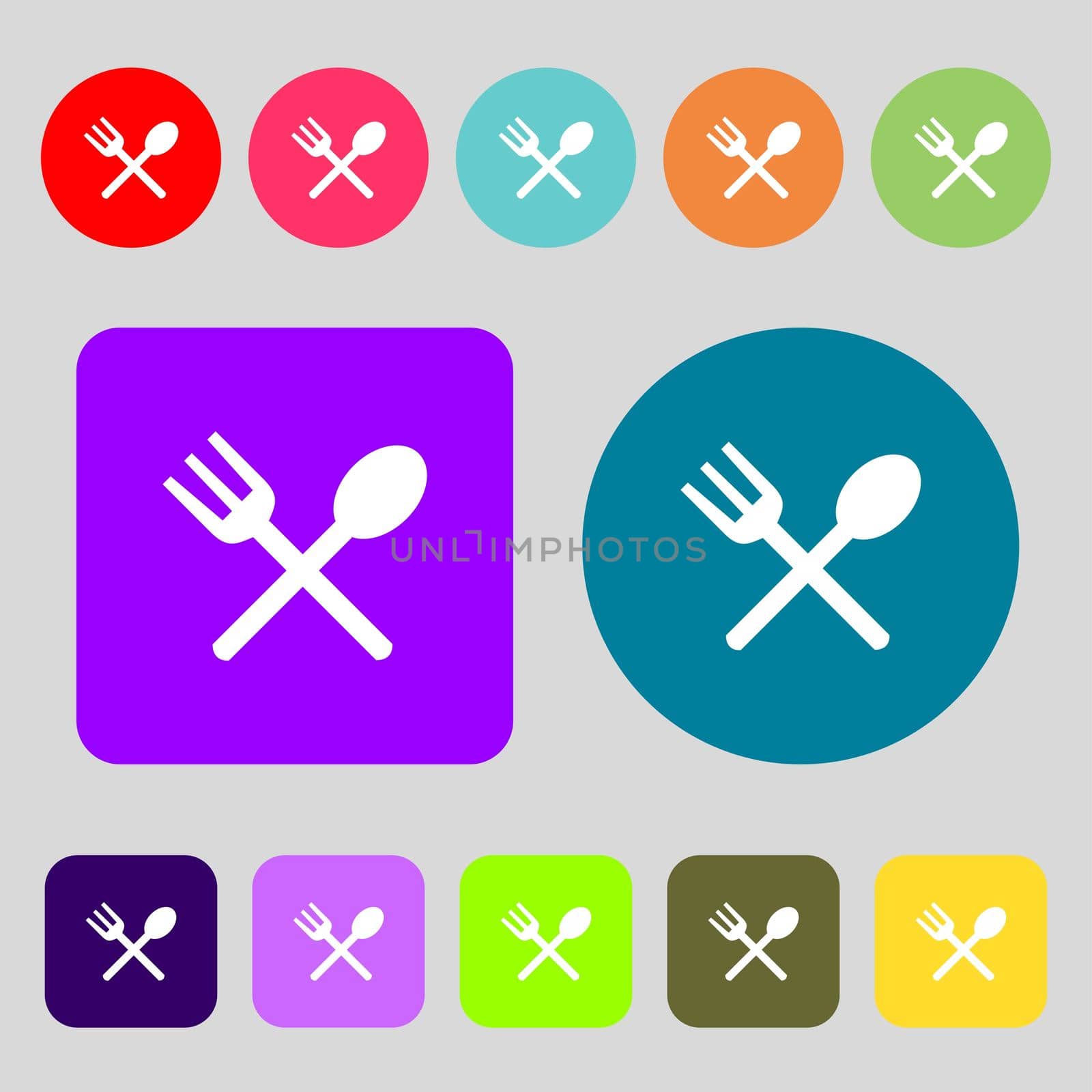 Fork and spoon crosswise, Cutlery, Eat icon sign. 12 colored buttons. Flat design.  by serhii_lohvyniuk